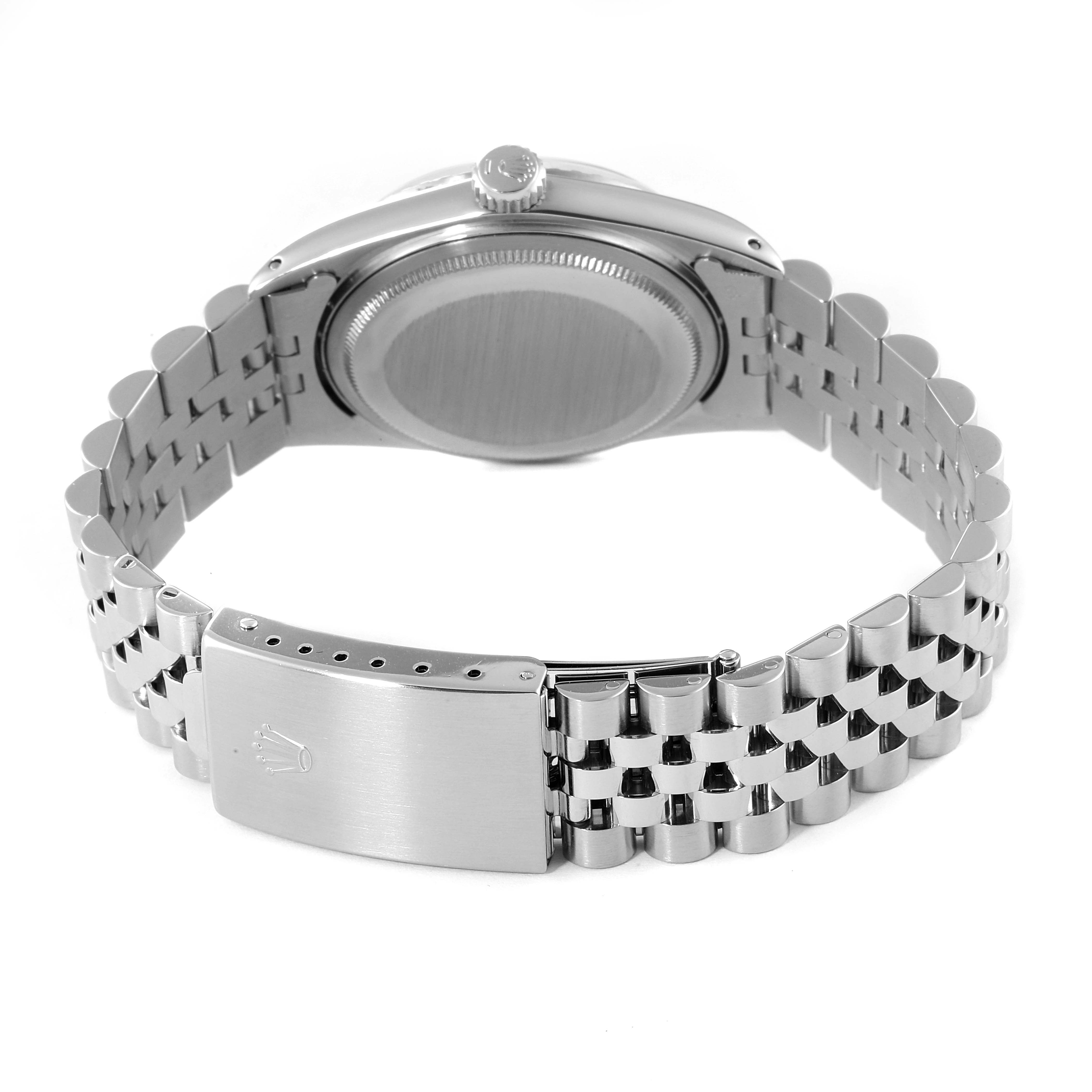 This image shows the back case, crown, and bracelet of a Rolex Datejust 1603 Men
s Stainless Steel Silver Dial 1603 Men
s Stainless Steel Silver Dial watch from a rear angle.