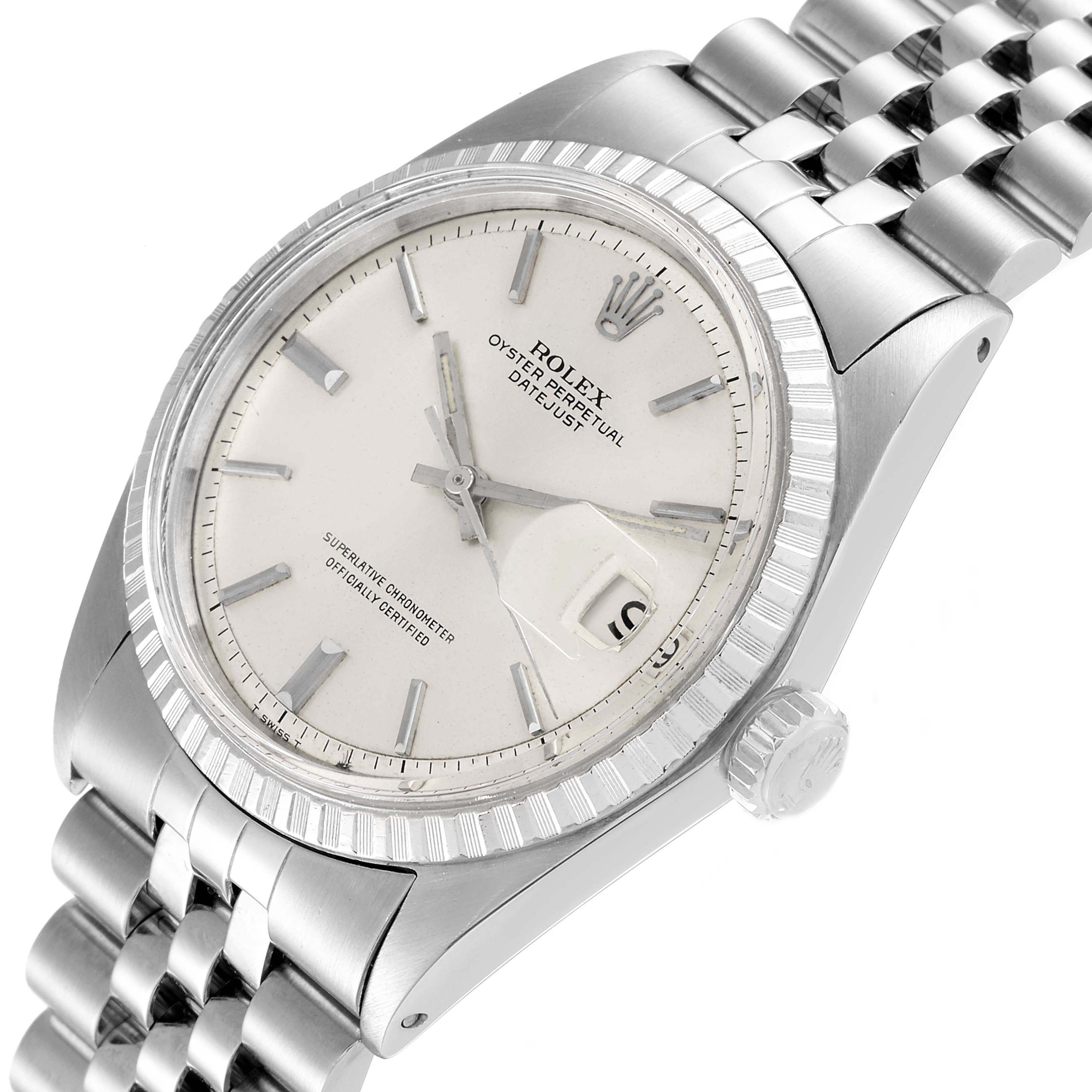 The Rolex Datejust 1603 Men
s Stainless Steel Silver Dial 1603 Men
s Stainless Steel Silver Dial watch is shown at a slight side angle, highlighting the dial, bezel, crown, and part of the bracelet.