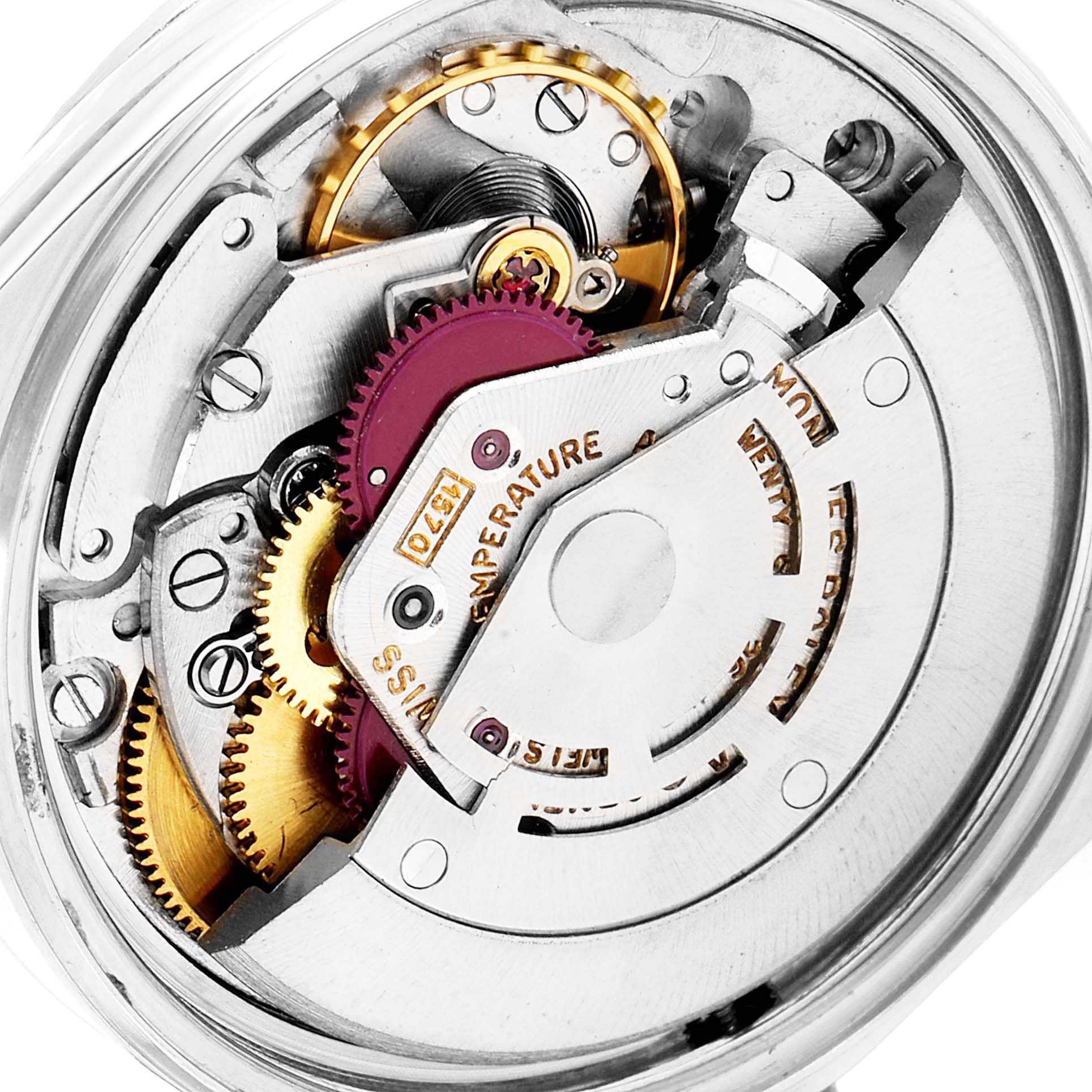 This image shows a close-up view of the internal mechanism of a Rolex Datejust 1603 Men
s Stainless Steel Silver Dial 1603 Men
s Stainless Steel Silver Dial watch, highlighting gears and components.