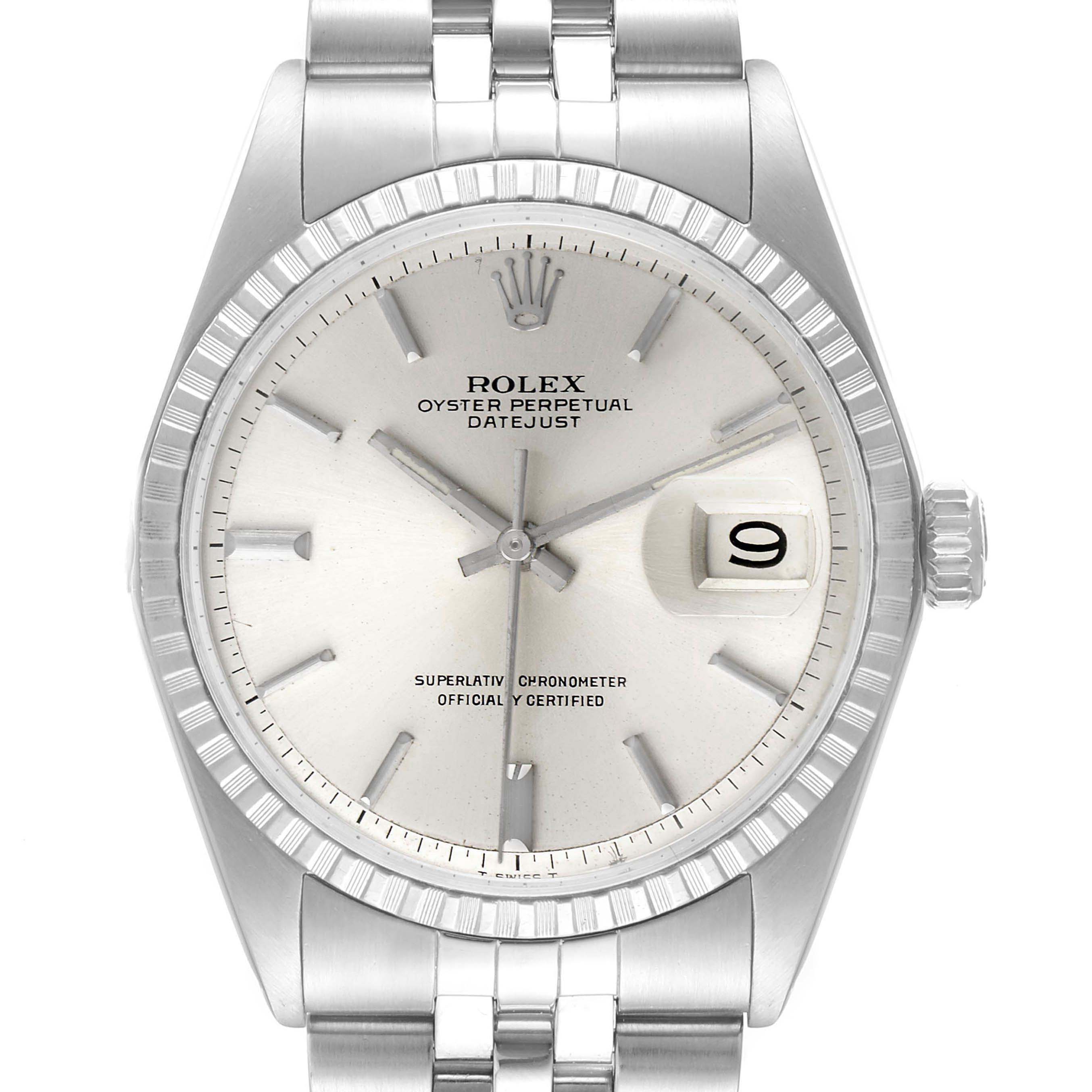 This is a front view of a Rolex Datejust 1603 Men
s Stainless Steel Silver Dial 1603 Men
s Stainless Steel Silver Dial watch, showing the dial, bezel, crown, and part of the bracelet.