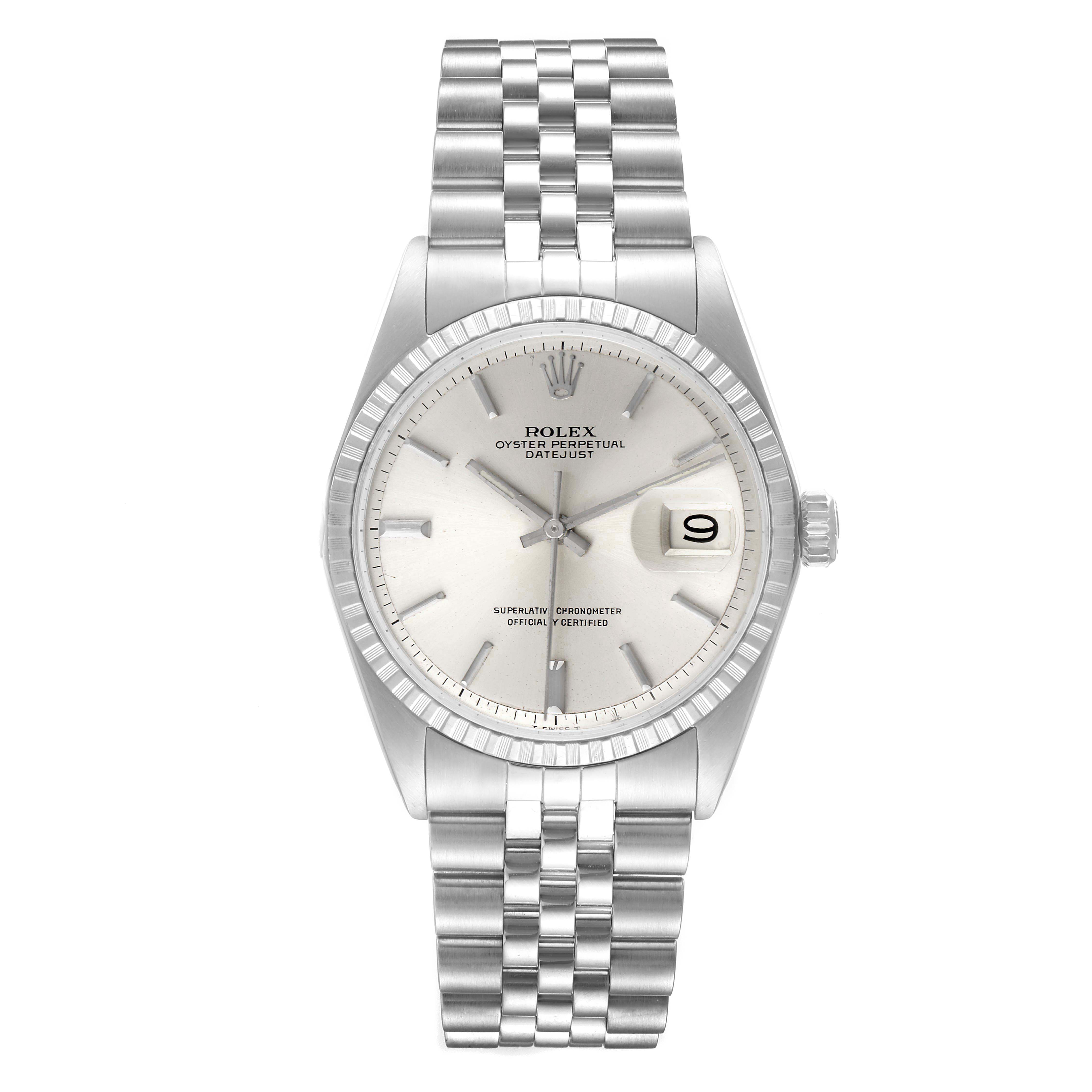 This image shows a Rolex Datejust 1603 Men
s Stainless Steel Silver Dial 1603 Men
s Stainless Steel Silver Dial watch from a frontal angle, displaying the face, bezel, and bracelet.