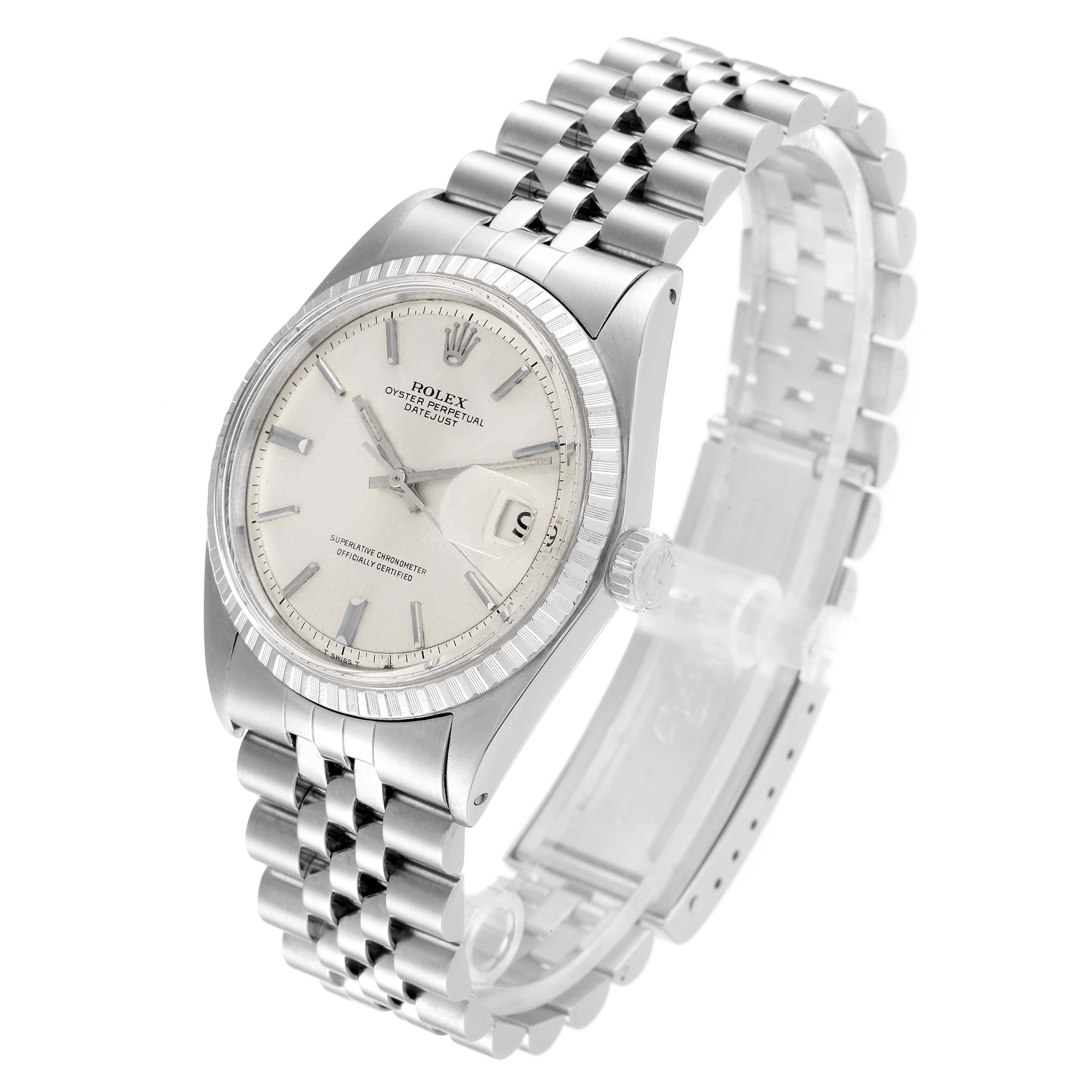 The image shows a Rolex Datejust 1603 Men
s Stainless Steel Silver Dial 1603 Men
s Stainless Steel Silver Dial watch angled slightly to the right, displaying the face, bezel, crown, and bracelet.