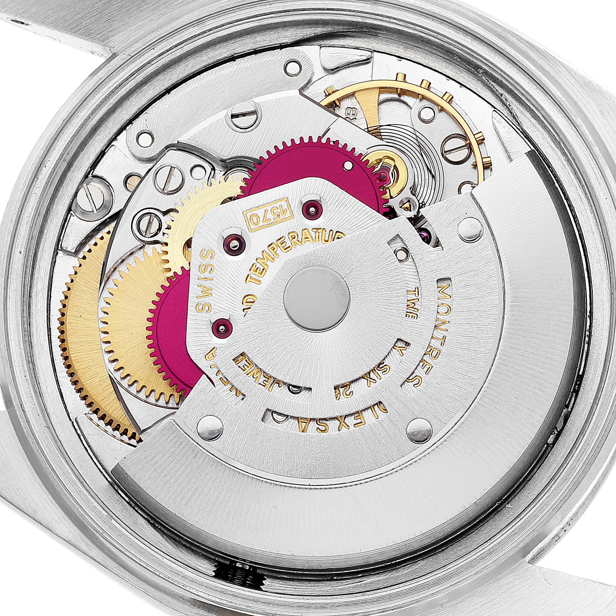 This is a close-up view of the internal mechanism and gears of the Rolex Vintage Collection 1603 Men's Stainless Steel Silver Dial 1603 Men's Stainless Steel Silver Dial watch.