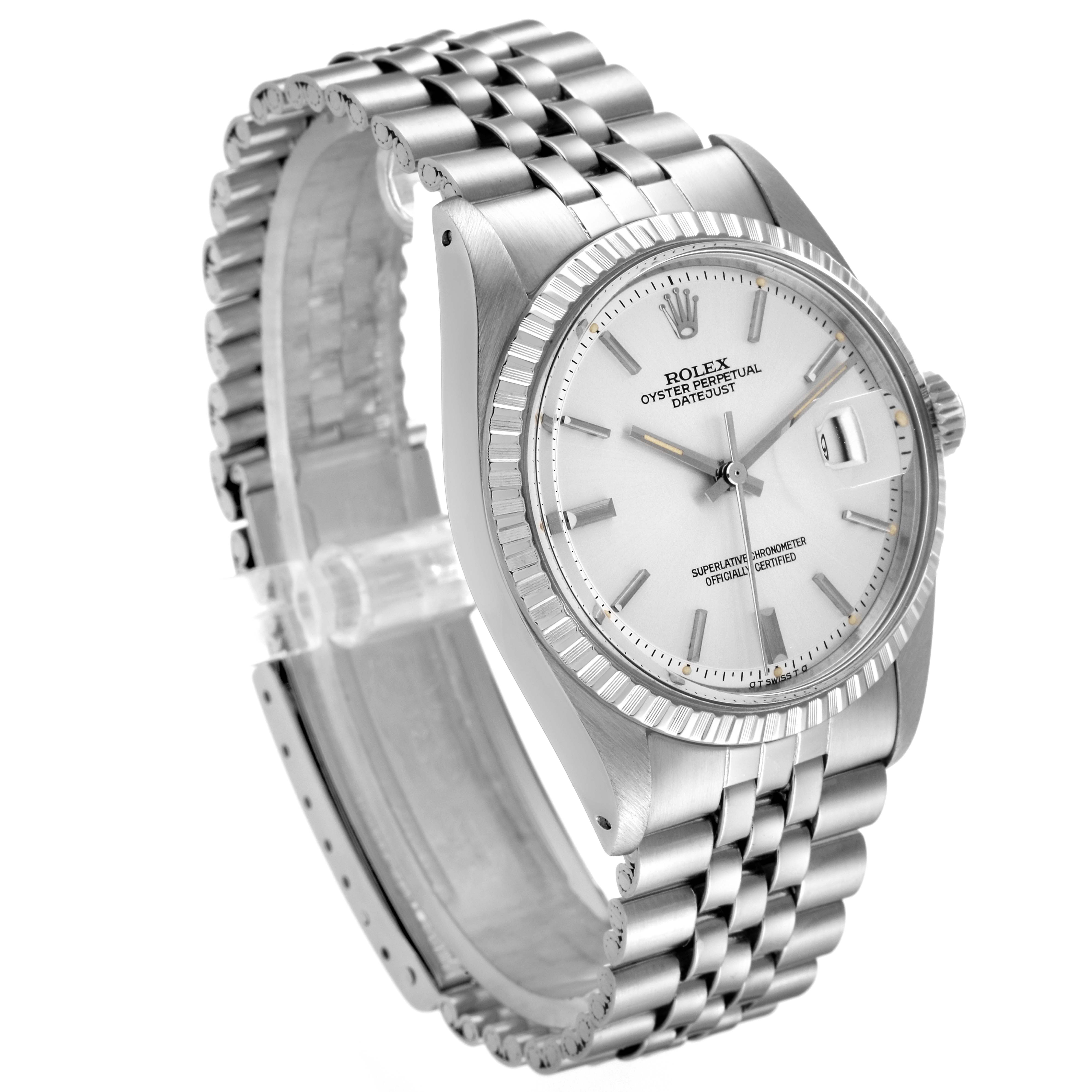 The image shows a Rolex Vintage Collection 1603 Men's Stainless Steel Silver Dial 1603 Men's Stainless Steel Silver Dial wristwatch from a three-quarter angle, highlighting the dial, bezel, and band.