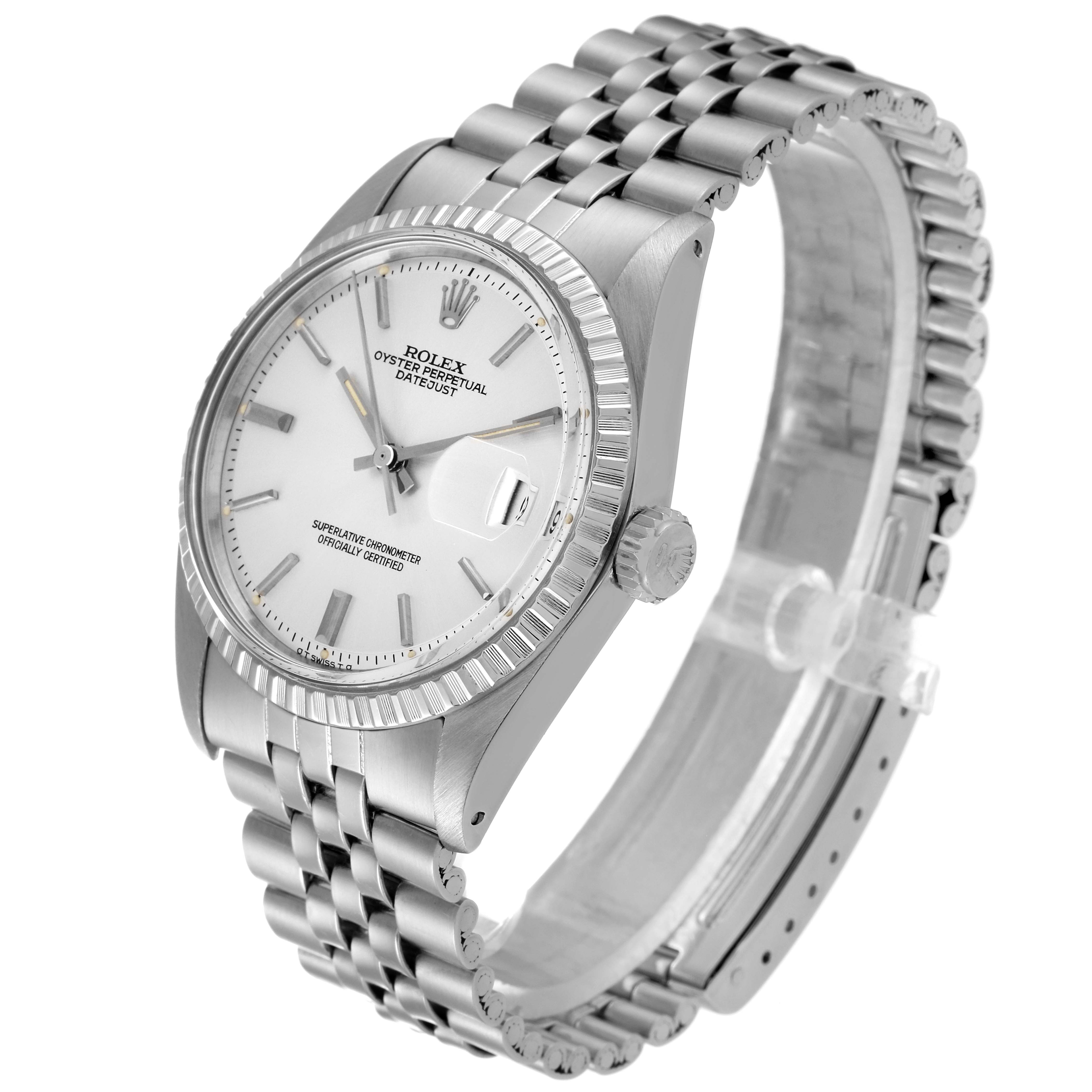 The Rolex Vintage Collection 1603 Men's Stainless Steel Silver Dial 1603 Men's Stainless Steel Silver Dial model watch is shown at a three-quarter angle, highlighting its face, crown, bezel, and bracelet.