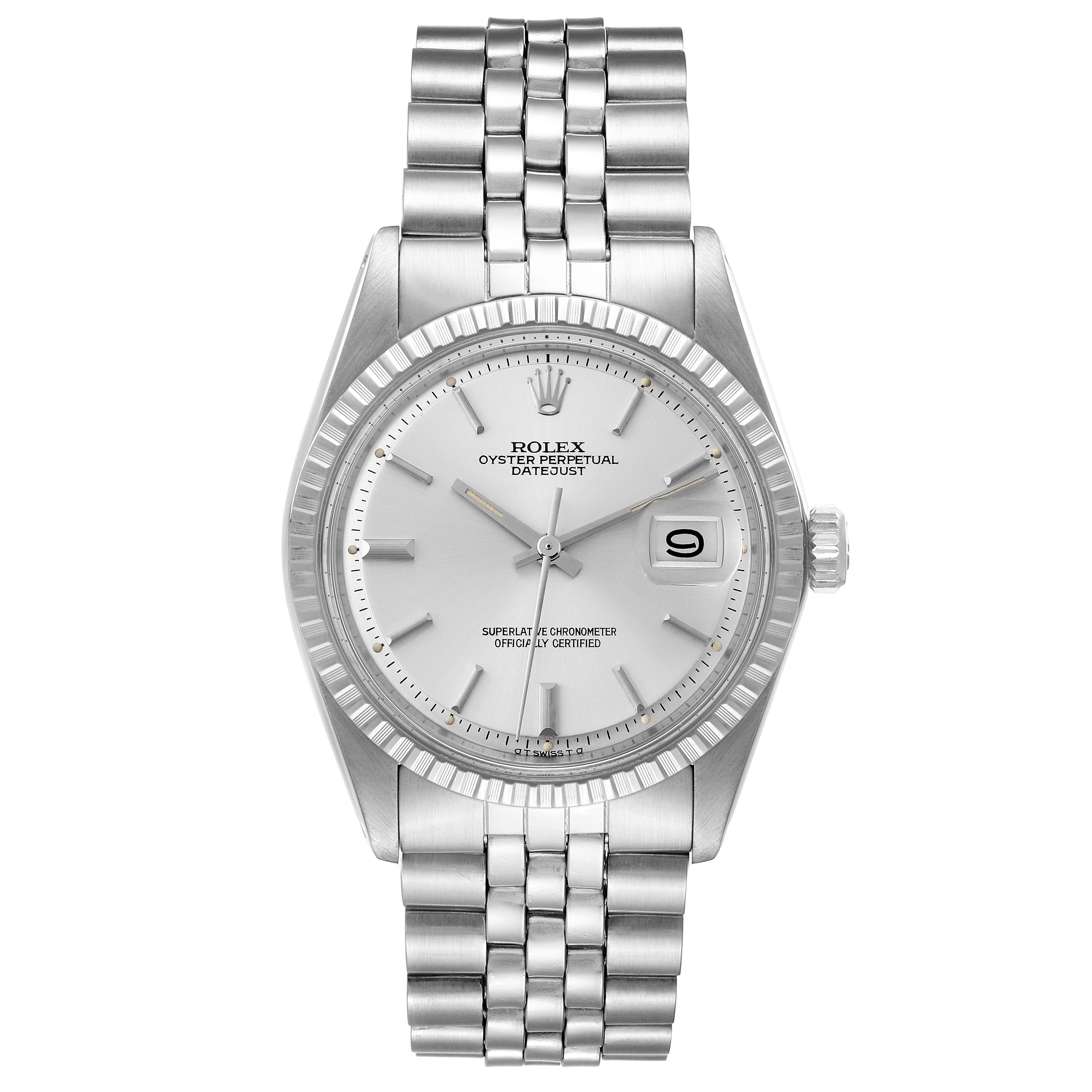 The Rolex Vintage Collection 1603 Men's Stainless Steel Silver Dial 1603 Men's Stainless Steel Silver Dial model is shown from a front angle, featuring the dial, bezel, bracelet, and date window.