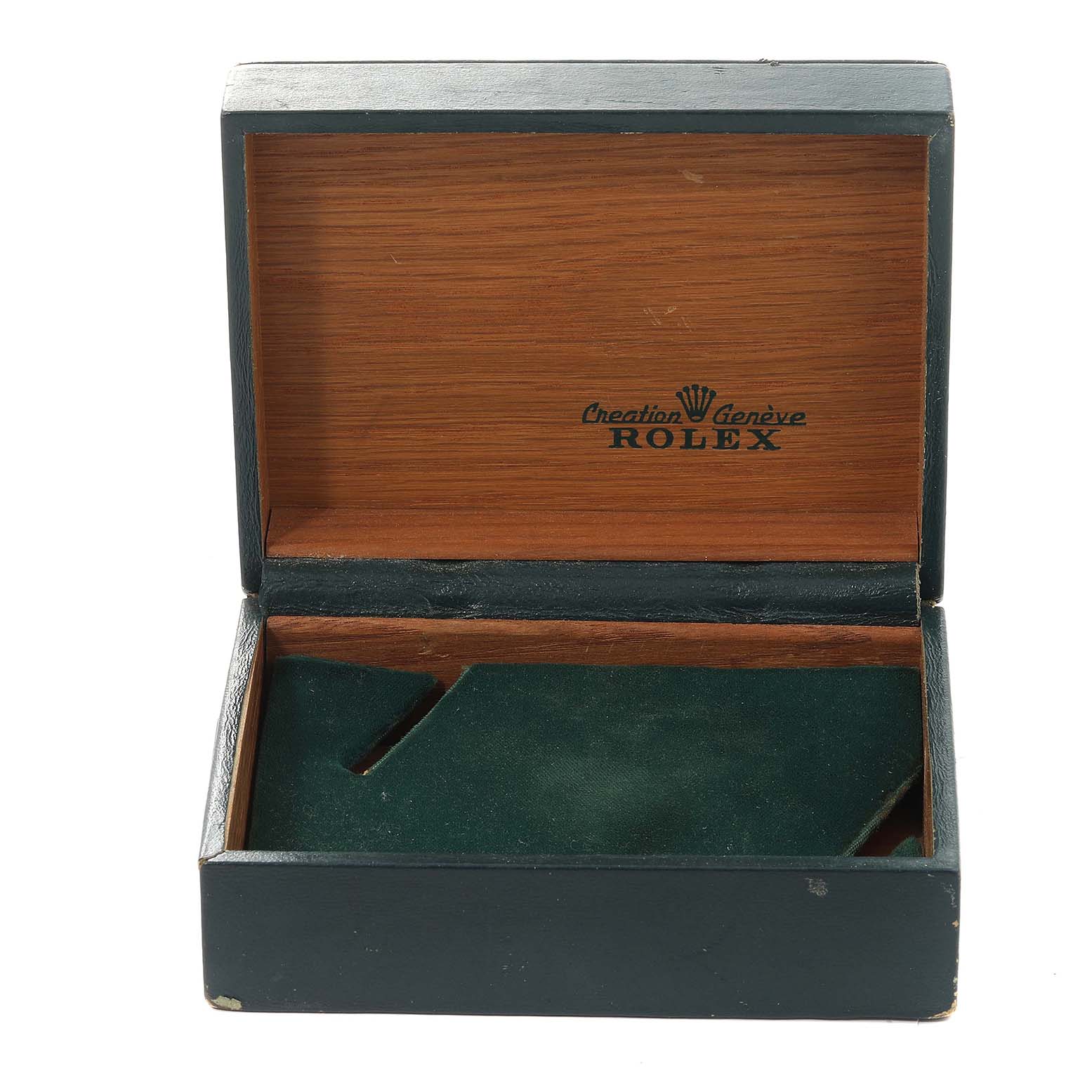 The image shows an open green wood and velvet case for the Rolex Vintage Collection 1603 Men's Stainless Steel Silver Dial 1603 Men's Stainless Steel Silver Dial watch.