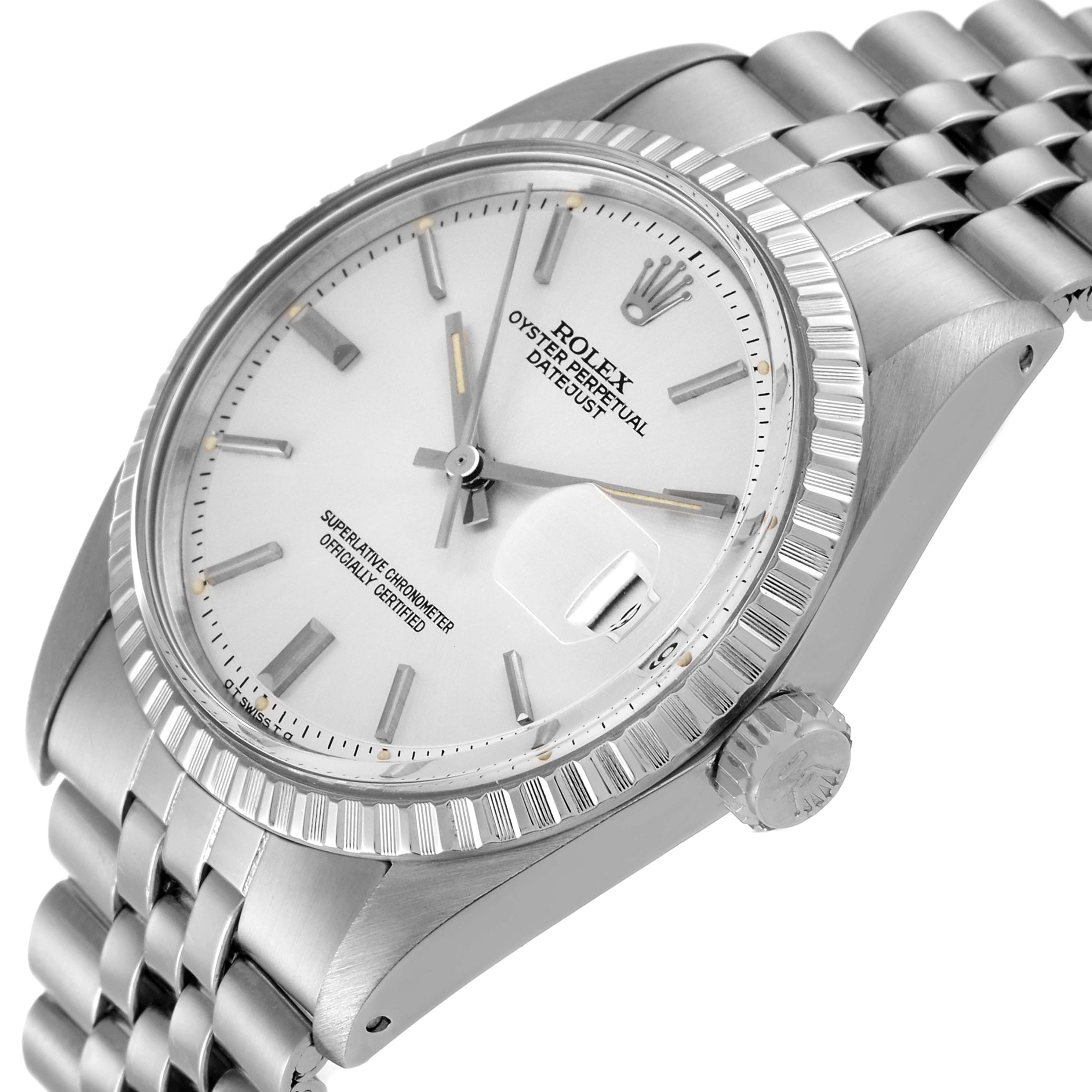 The image shows a close-up angled view of the face, bezel, and part of the band of the Rolex Vintage Collection 1603 Men's Stainless Steel Silver Dial 1603 Men's Stainless Steel Silver Dial Oyster Perpetual Datejust watch.