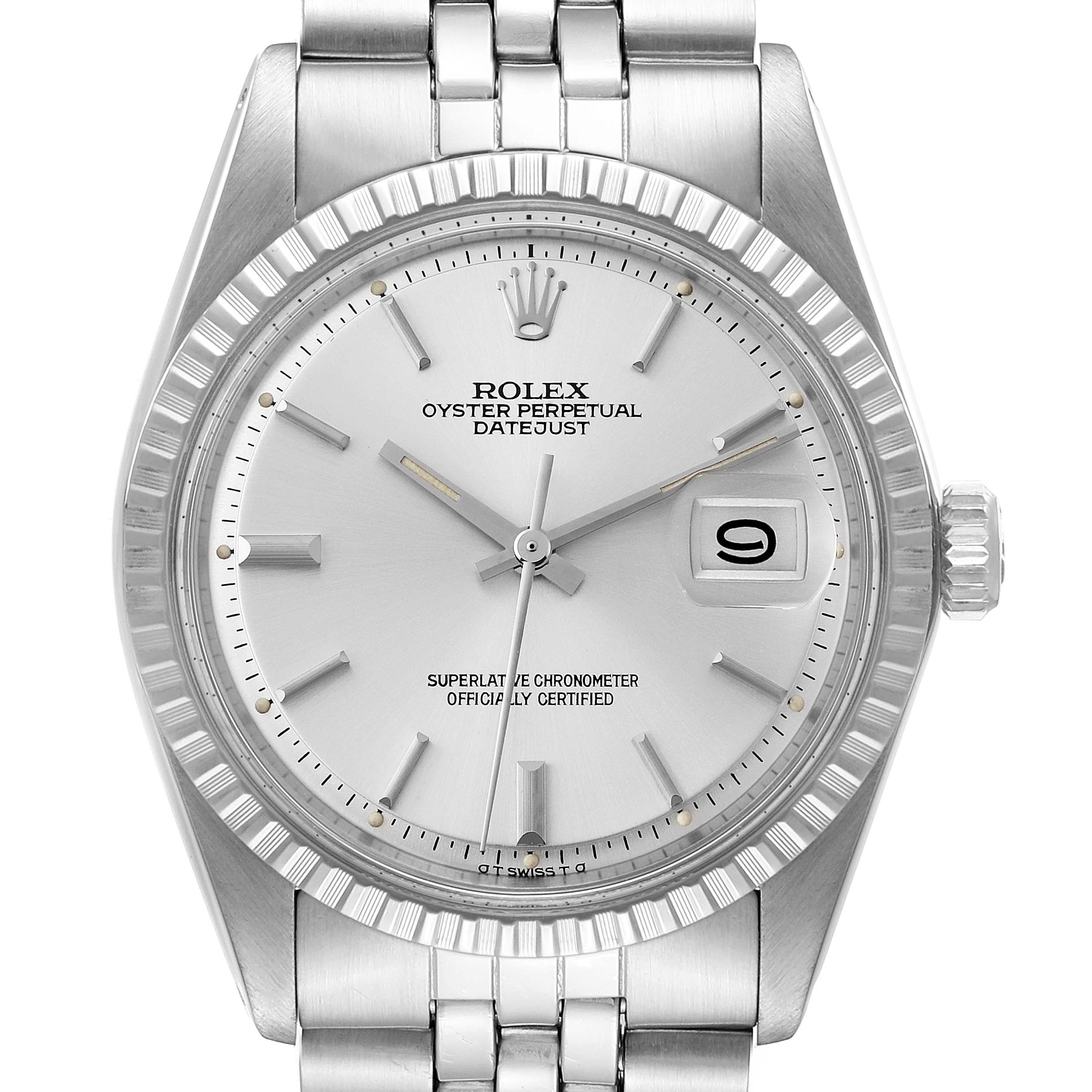 The Rolex Vintage Collection 1603 Men's Stainless Steel Silver Dial 1603 Men's Stainless Steel Silver Dial watch is shown from a front angle, highlighting its dial, bezel, crown, and part of the bracelet.