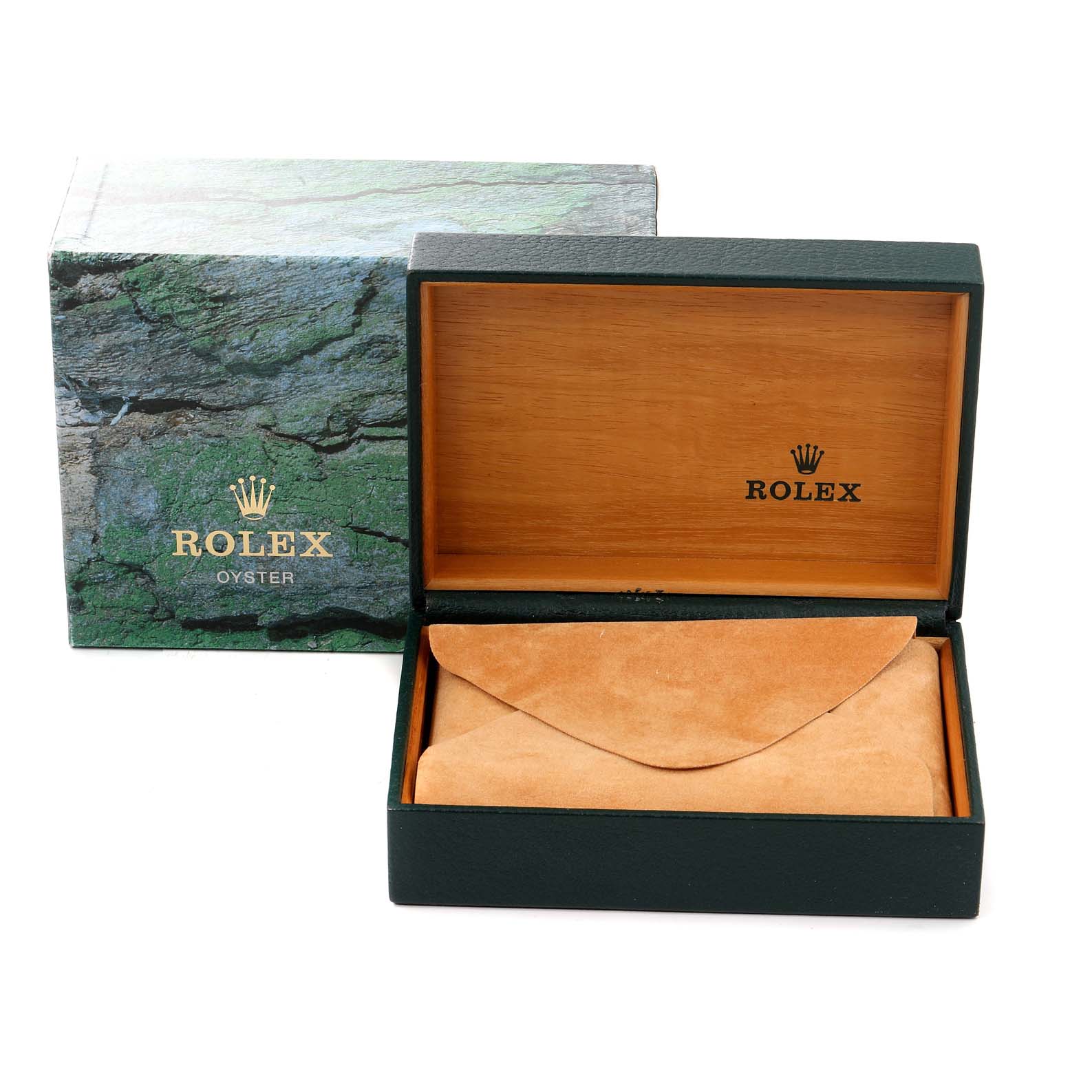 Image shows a Rolex Datejust 16233 Men's Steel and Gold (two tone) White Dial 16233 Men's Steel and Gold (two tone) White Dial watch box with its outer green textured box and an inner wooden box with a suede pouch inside.