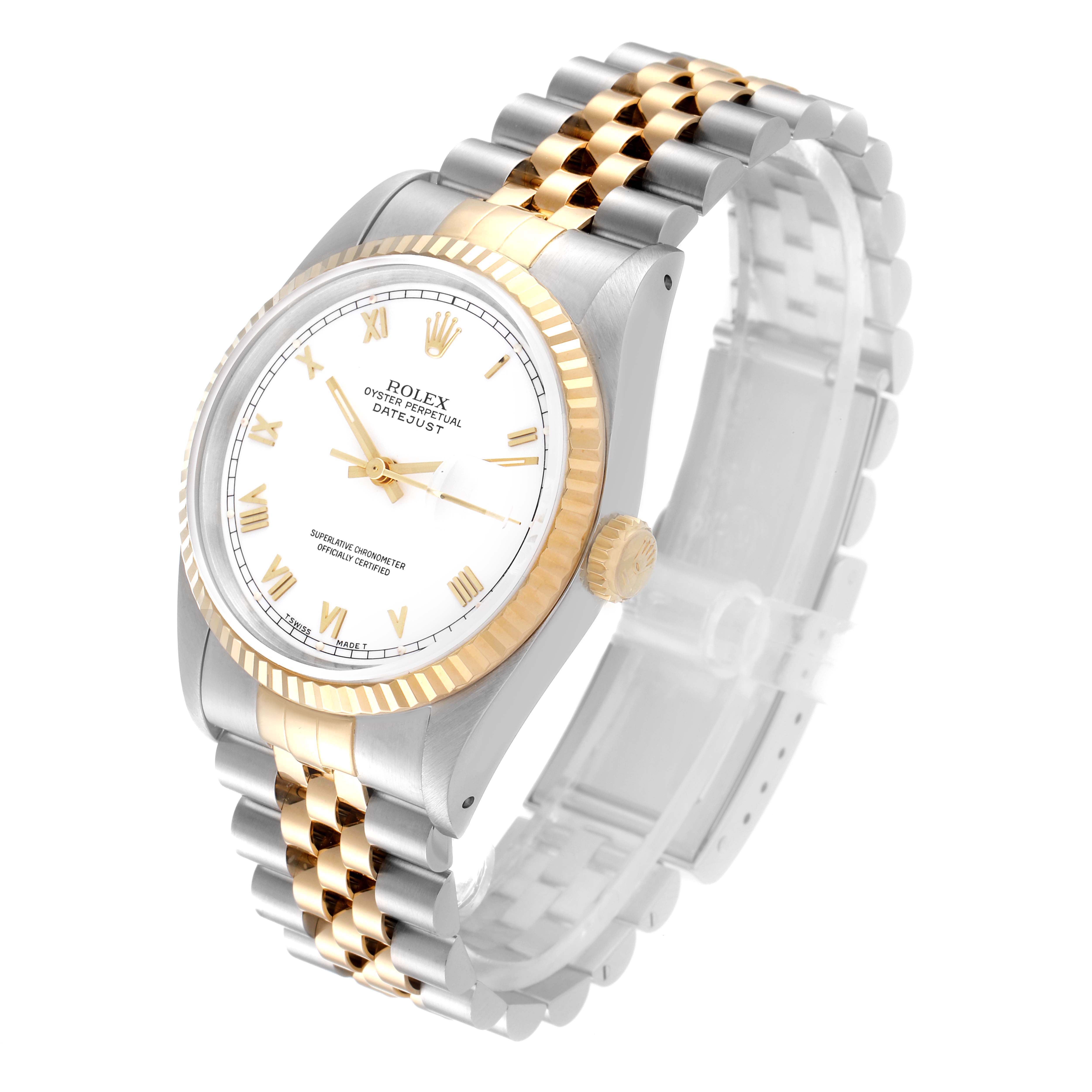 The Rolex Datejust 16233 Men's Steel and Gold (two tone) White Dial 16233 Men's Steel and Gold (two tone) White Dial watch is shown at a three-quarter angle, displaying the face, bezel, crown, and two-tone bracelet.