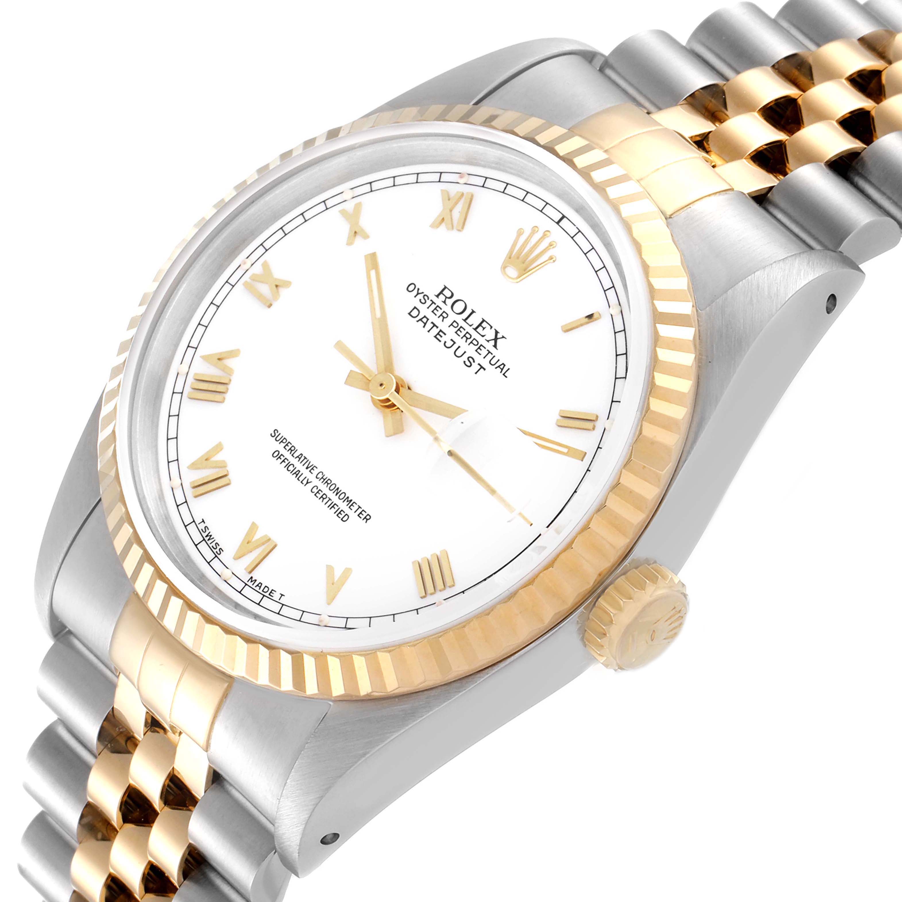This image shows the Rolex Datejust 16233 Men's Steel and Gold (two tone) White Dial 16233 Men's Steel and Gold (two tone) White Dial watch at an oblique angle, displaying its white dial, gold fluted bezel, and two-tone bracelet.
