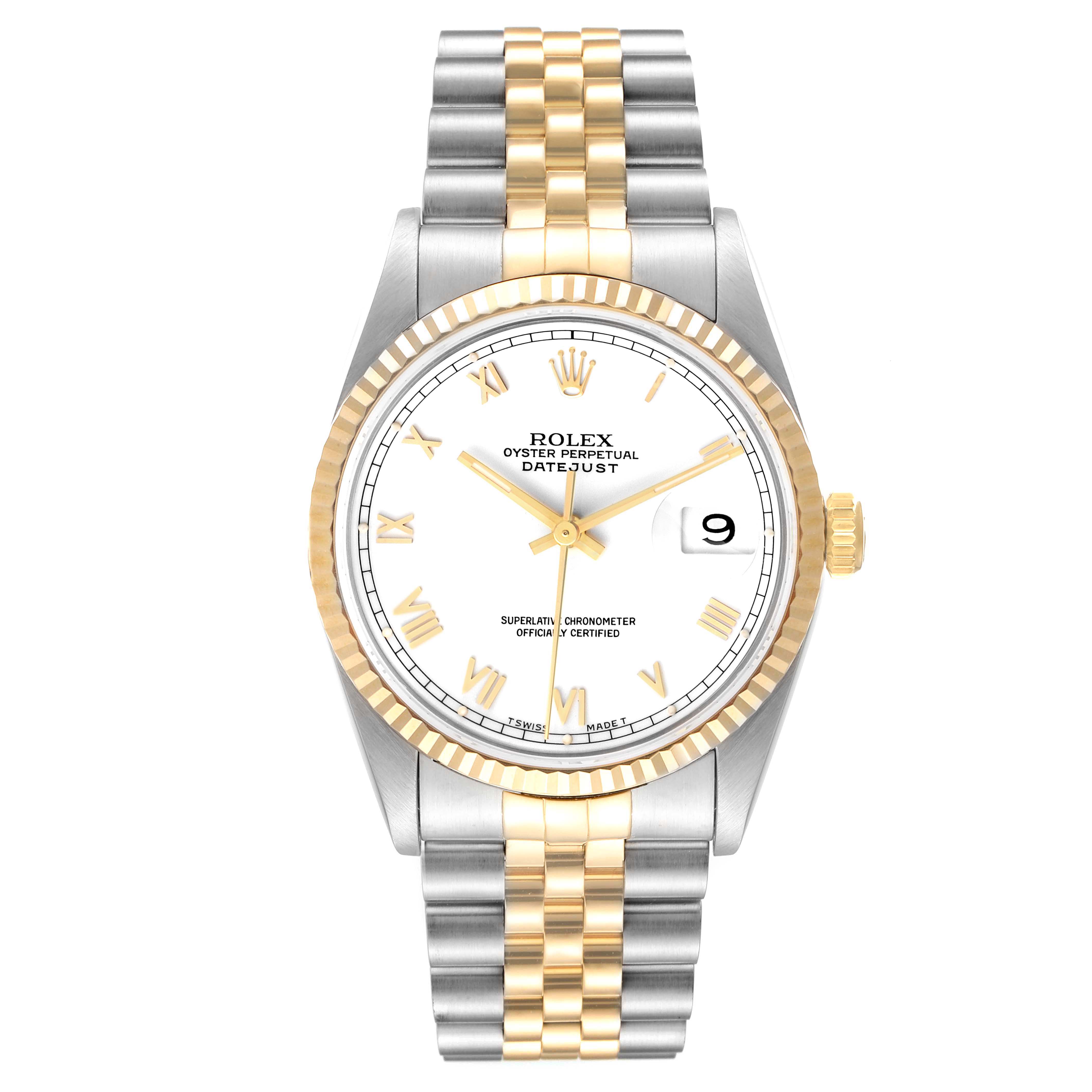 The image shows a frontal view of a Rolex Datejust 16233 Men's Steel and Gold (two tone) White Dial 16233 Men's Steel and Gold (two tone) White Dial watch, featuring its face, bezel, and two-tone bracelet.