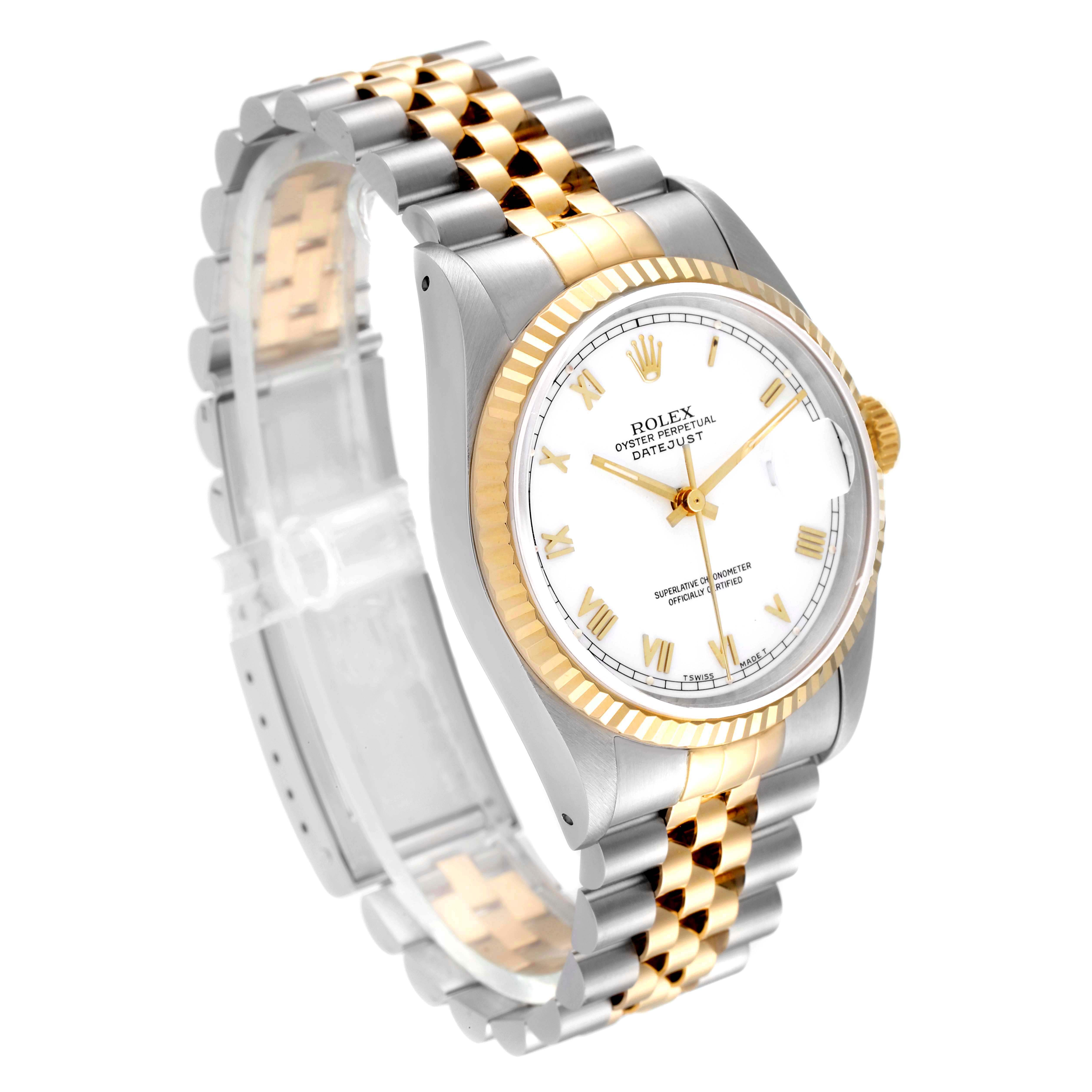 The Rolex Datejust 16233 Men's Steel and Gold (two tone) White Dial 16233 Men's Steel and Gold (two tone) White Dial watch is shown at a 3/4 angle, highlighting its two-tone bracelet, fluted bezel, and white dial.