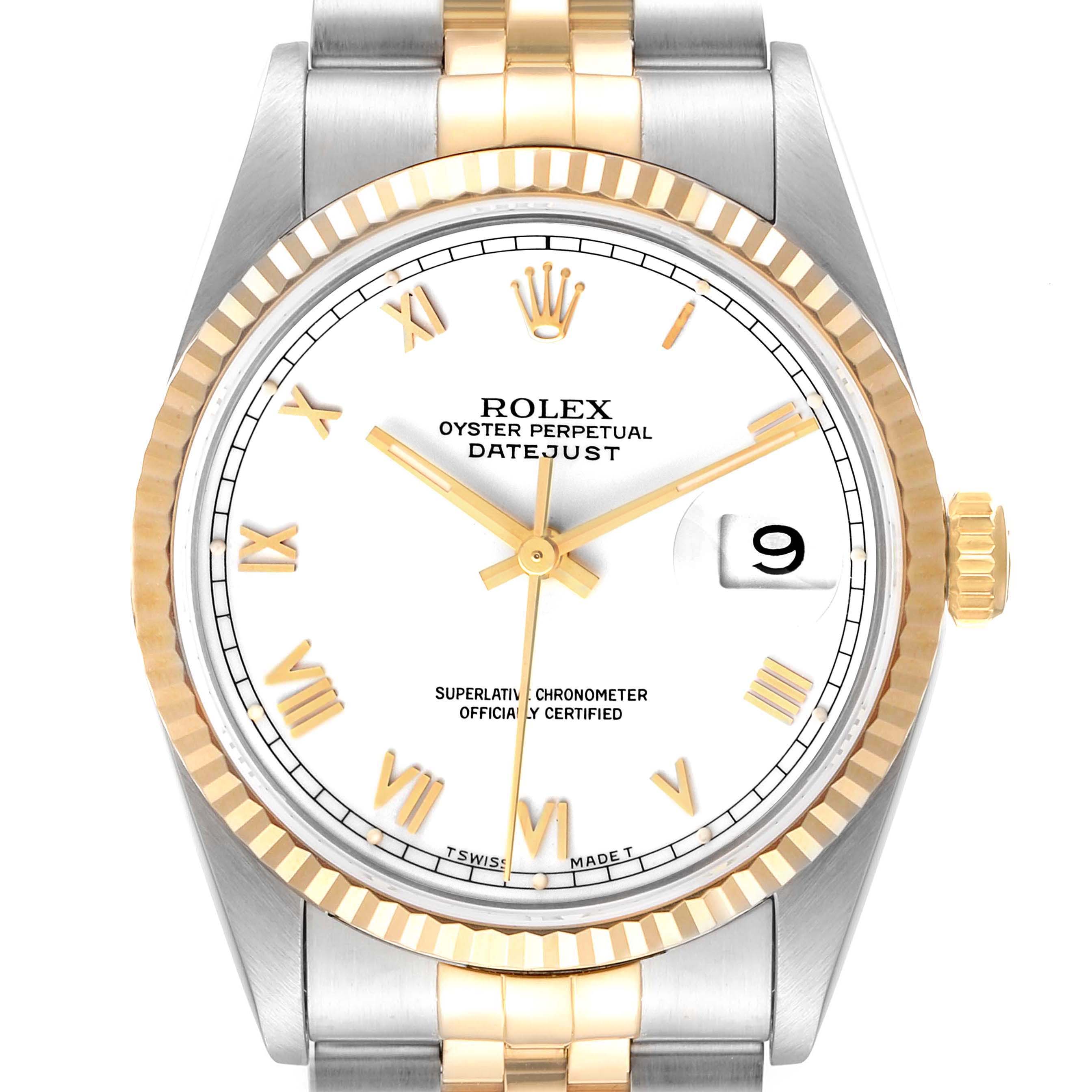 This image shows a front view of a Rolex Datejust 16233 Men's Steel and Gold (two tone) White Dial 16233 Men's Steel and Gold (two tone) White Dial watch, detailing the dial, bezel, crown, and part of the bracelet.