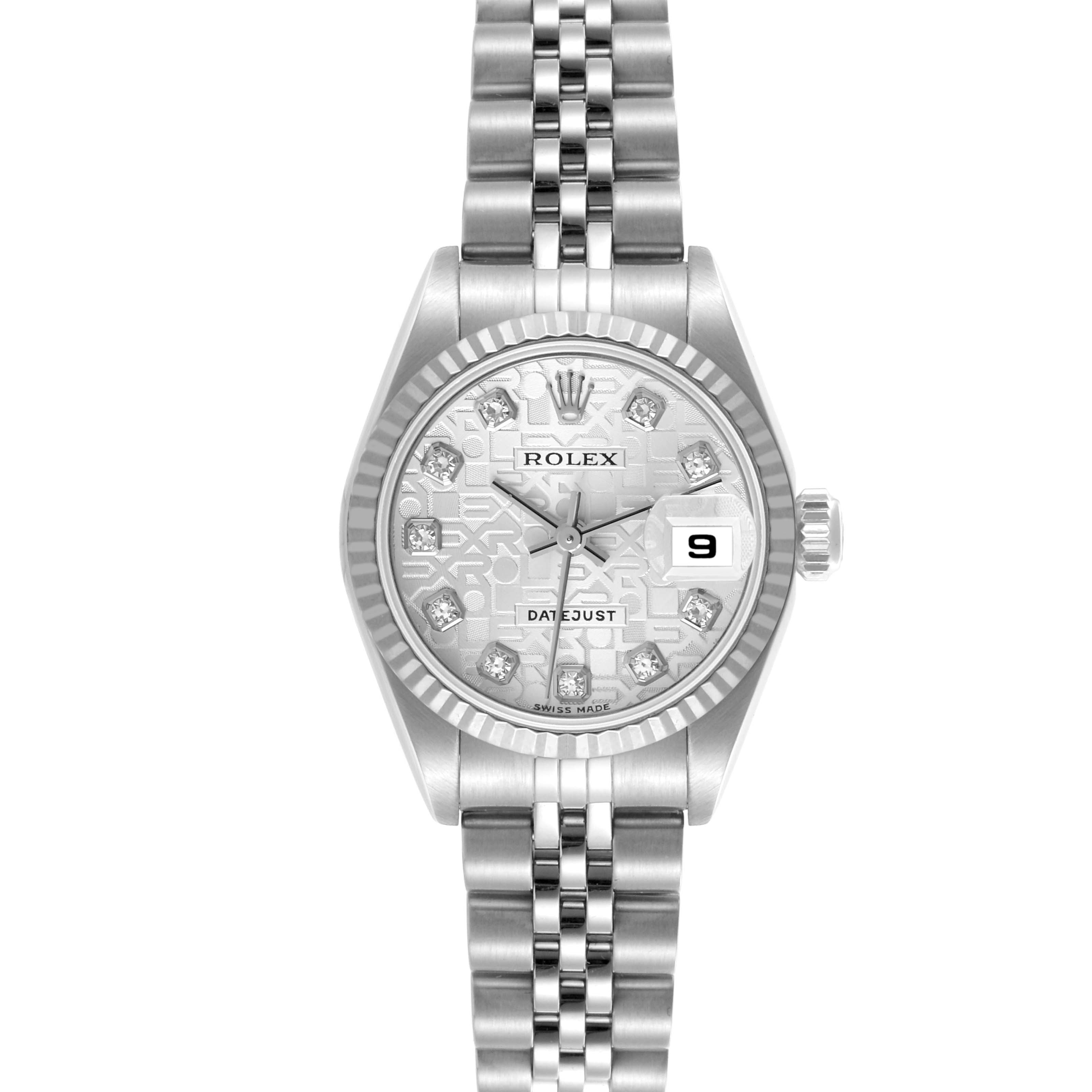 The Rolex Datejust 79174 Women's Stainless Steel Silver Dial 79174 Women's Stainless Steel Silver Dial watch is shown from a front view, highlighting the face, bezel, and bracelet.