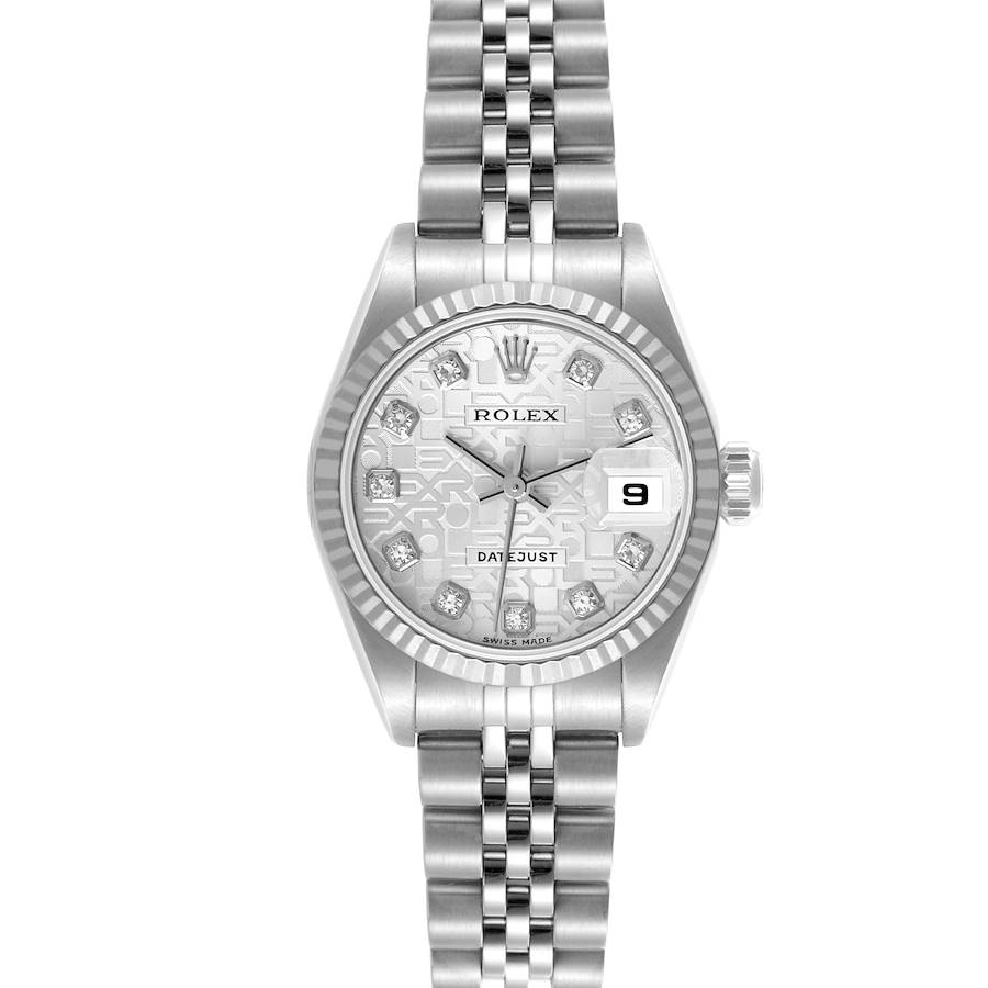 The Rolex Datejust watch is shown from a front view, highlighting the face, bezel, and bracelet.