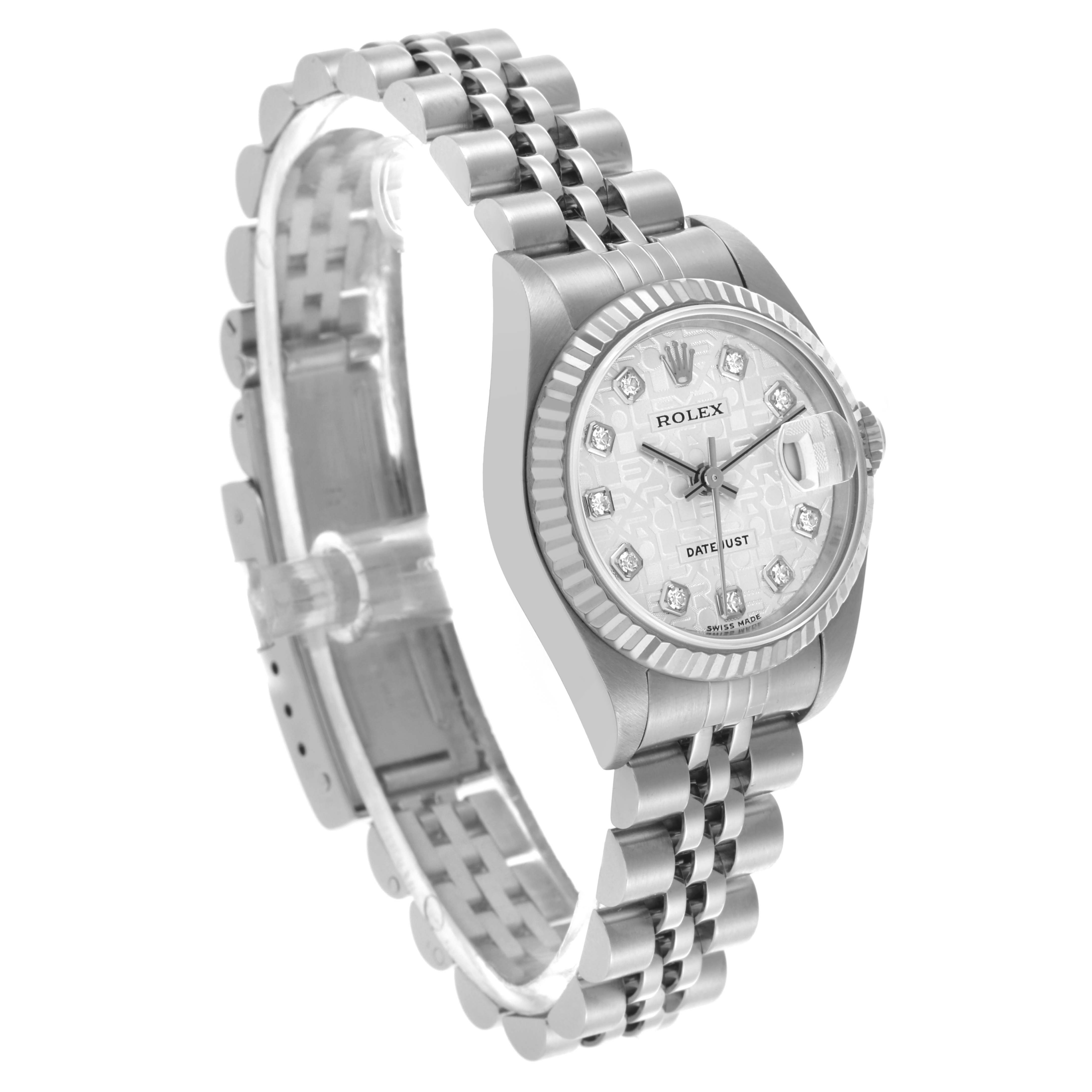 The Rolex Datejust 79174 Women's Stainless Steel Silver Dial 79174 Women's Stainless Steel Silver Dial watch is shown at a three-quarter angle, highlighting the bracelet, bezel, and dial.