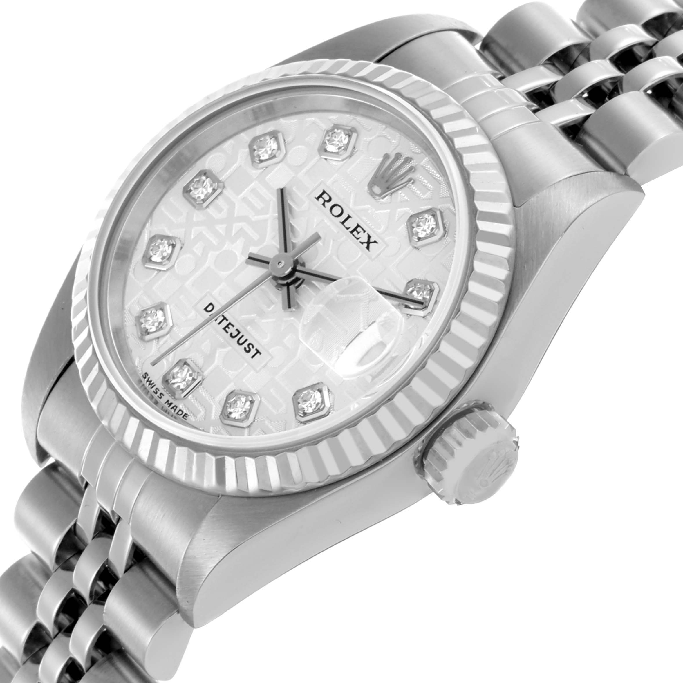 The Rolex Datejust 79174 Women's Stainless Steel Silver Dial 79174 Women's Stainless Steel Silver Dial watch is shown at a slight angled side view, highlighting the dial, bezel, and part of the bracelet.