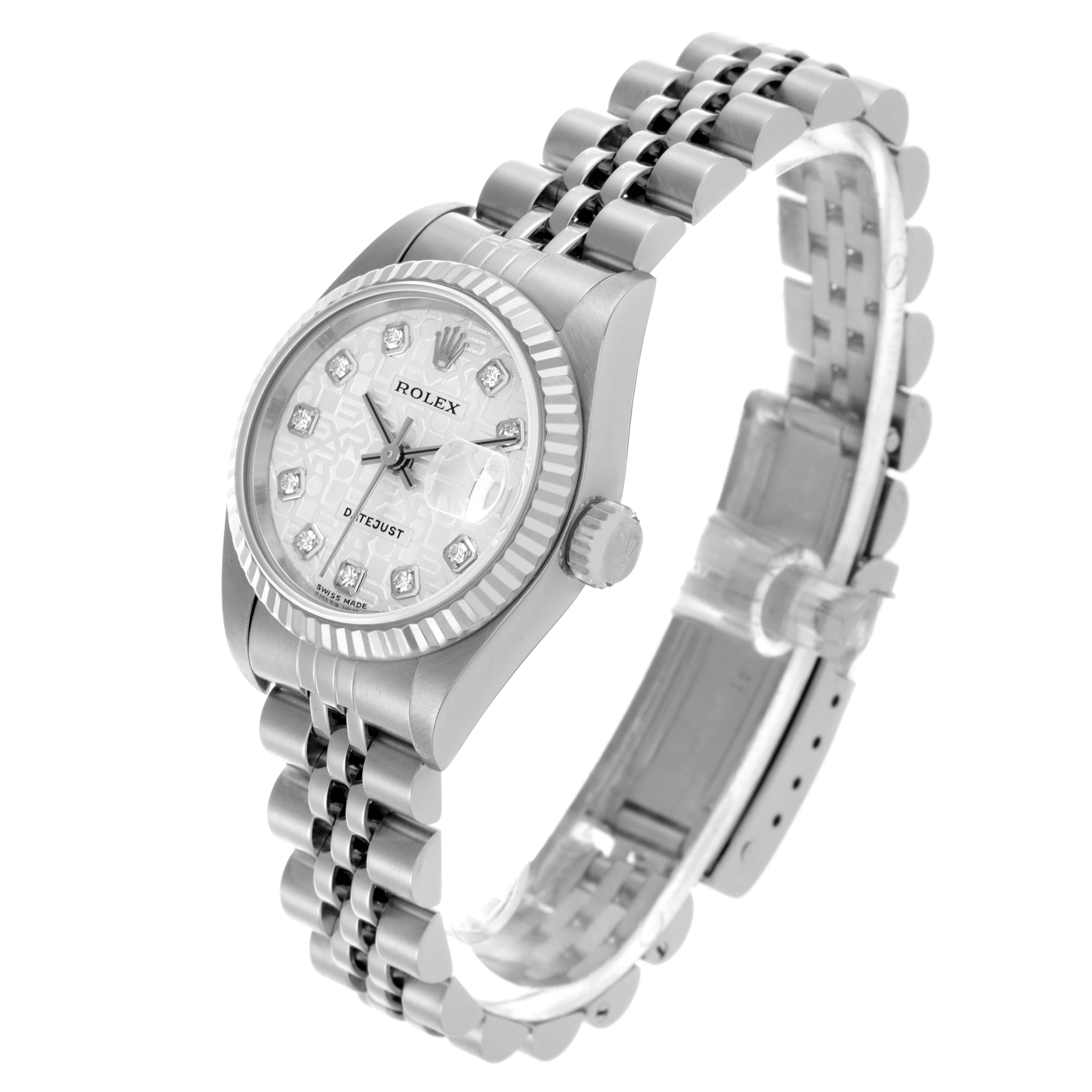 The Rolex Datejust 79174 Women's Stainless Steel Silver Dial 79174 Women's Stainless Steel Silver Dial watch is shown at a three-quarter angle, highlighting the face, band, and side crown.