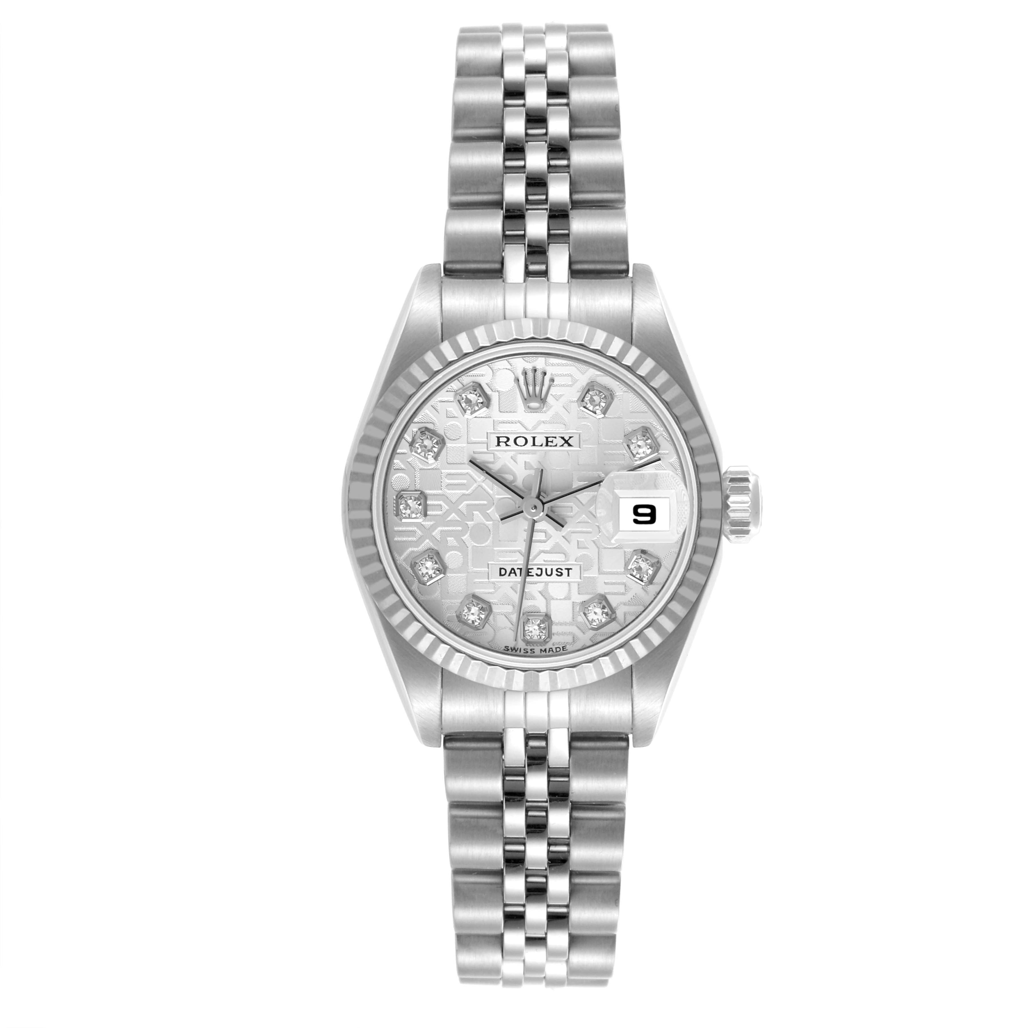 The Rolex Datejust 79174 Women's Stainless Steel Silver Dial 79174 Women's Stainless Steel Silver Dial watch is shown from a front view, displaying the dial, bezel, crown, and bracelet.