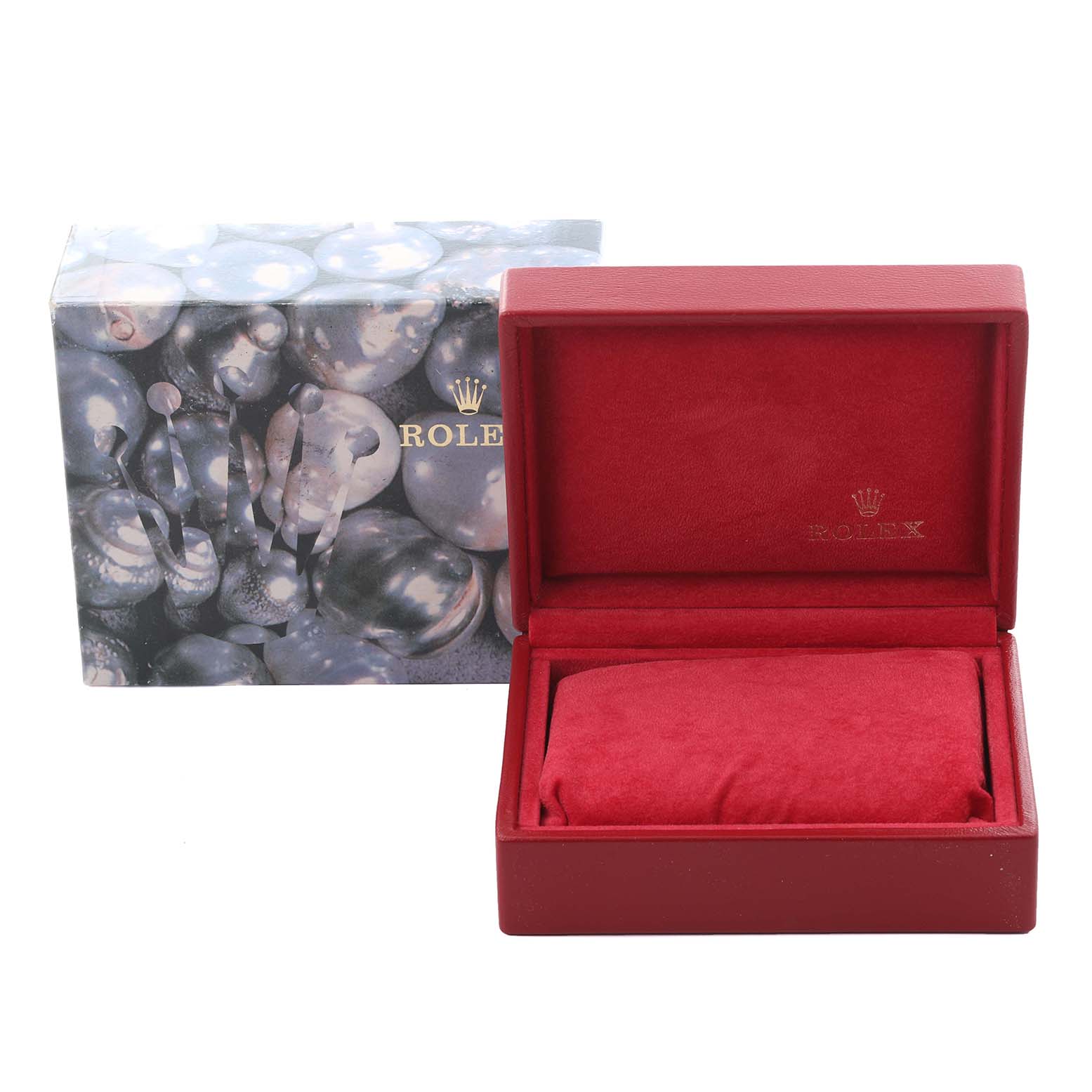 The image shows a Rolex Datejust 79174 Women's Stainless Steel Silver Dial 79174 Women's Stainless Steel Silver Dial box with a red interior, open at a slight angle, next to its outer packaging.