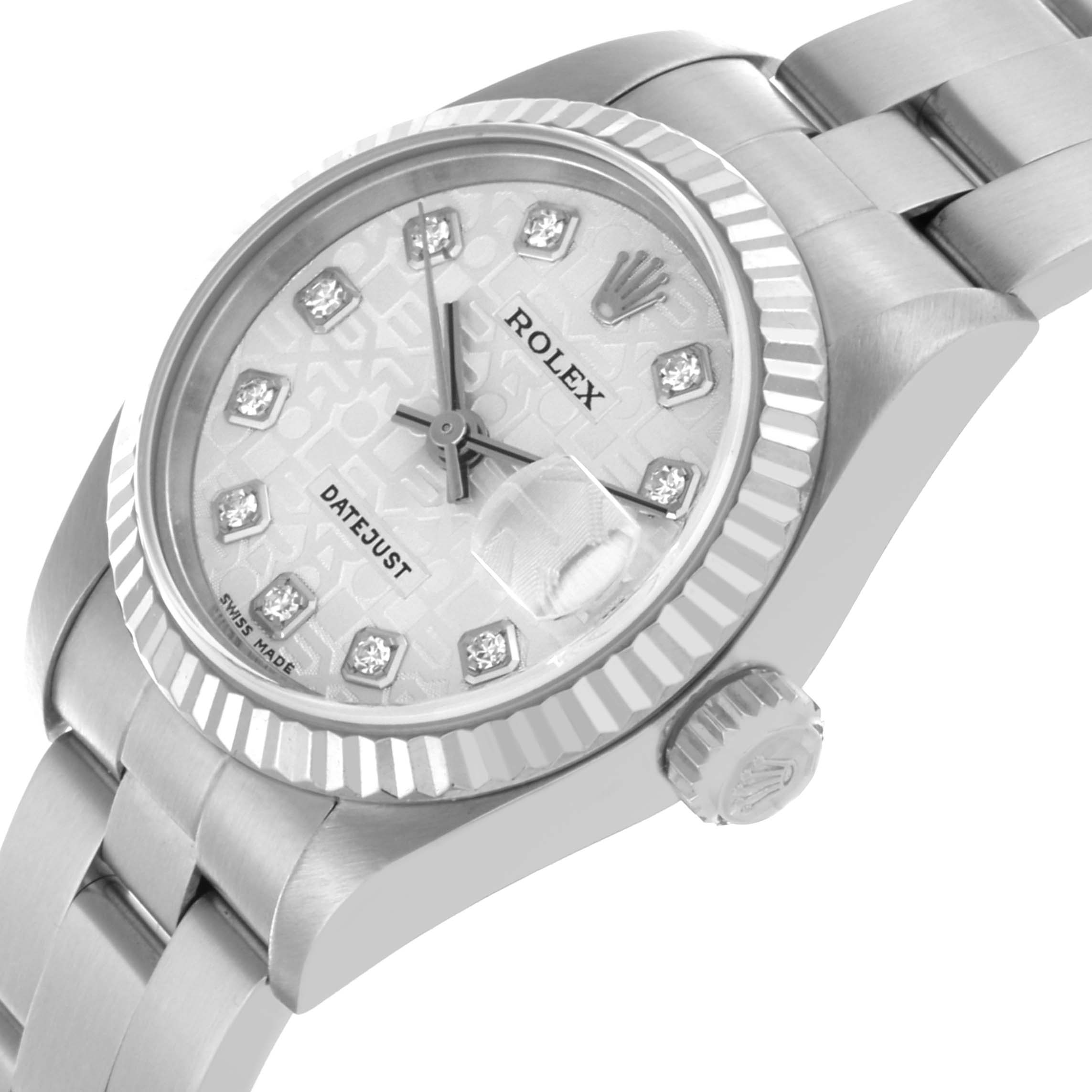 The Rolex Datejust 79174 Women's Stainless Steel Silver Dial 79174 Women's Stainless Steel Silver Dial watch is shown from a side angle, highlighting the dial, bezel, crown, and bracelet.