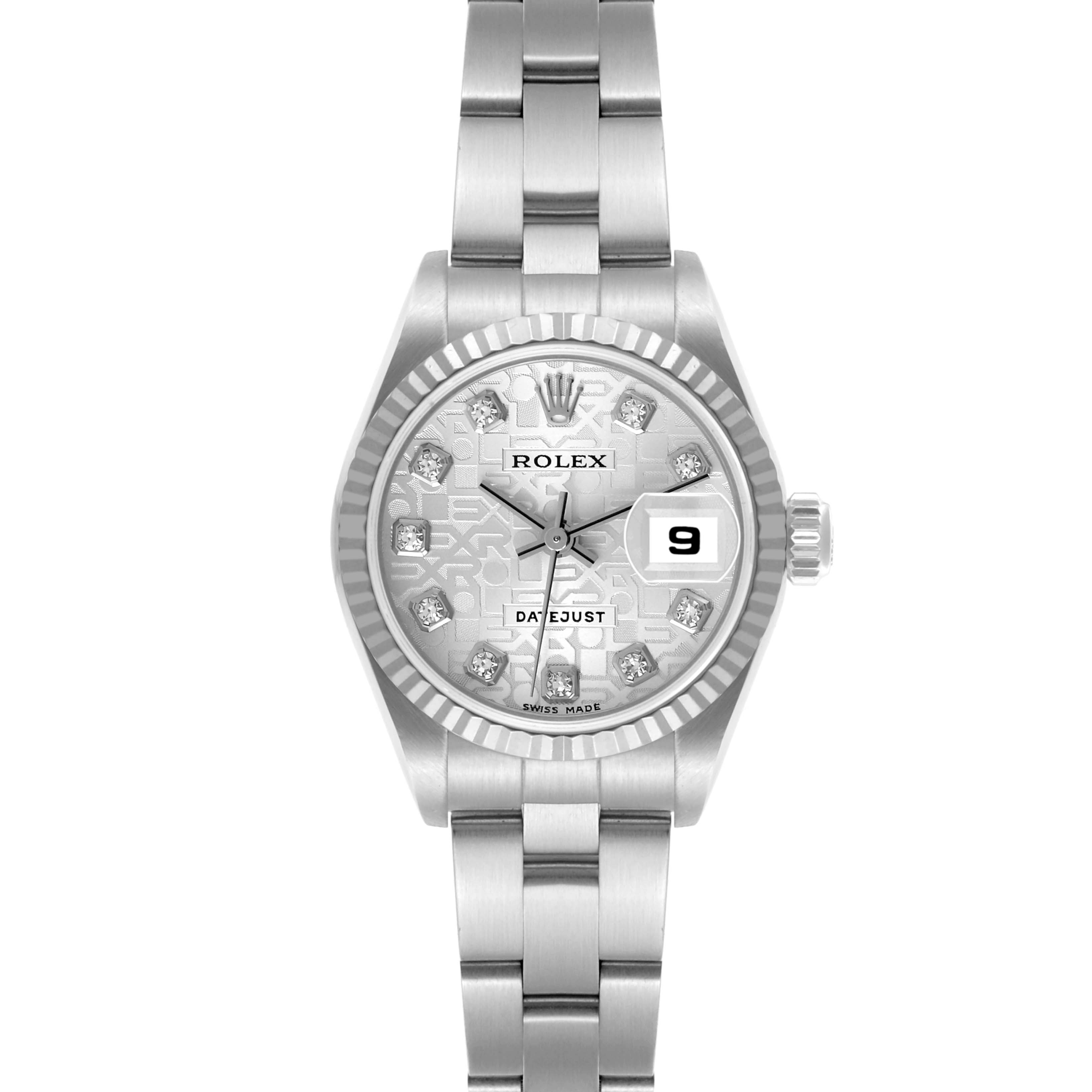 The Rolex Datejust 79174 Women's Stainless Steel Silver Dial 79174 Women's Stainless Steel Silver Dial watch is shown from a front angle, displaying its dial, bezel, bracelet, and crown.