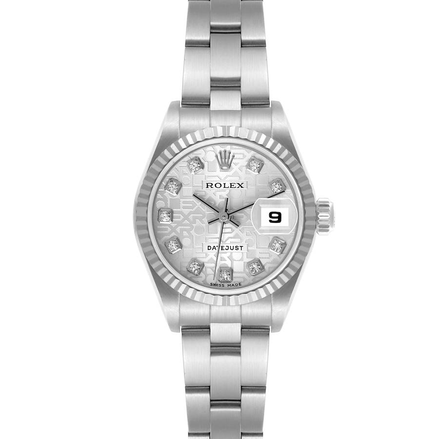 The Rolex Datejust watch is shown from a front angle, displaying its dial, bezel, bracelet, and crown.