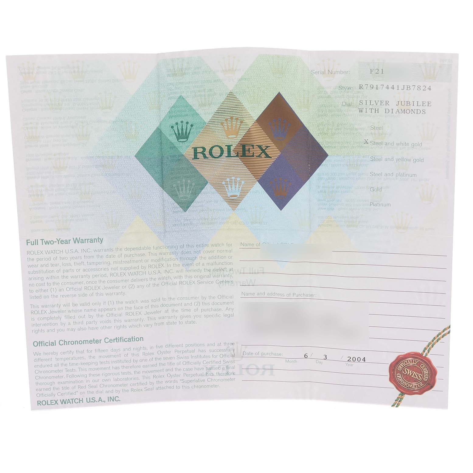 The image shows a warranty and chronometer certification card for a Rolex Datejust 79174 Women's Stainless Steel Silver Dial 79174 Women's Stainless Steel Silver Dial watch.