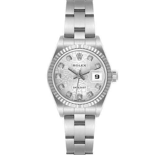 The Rolex Datejust watch is shown from a front angle, highlighting the dial, bezel, and bracelet.