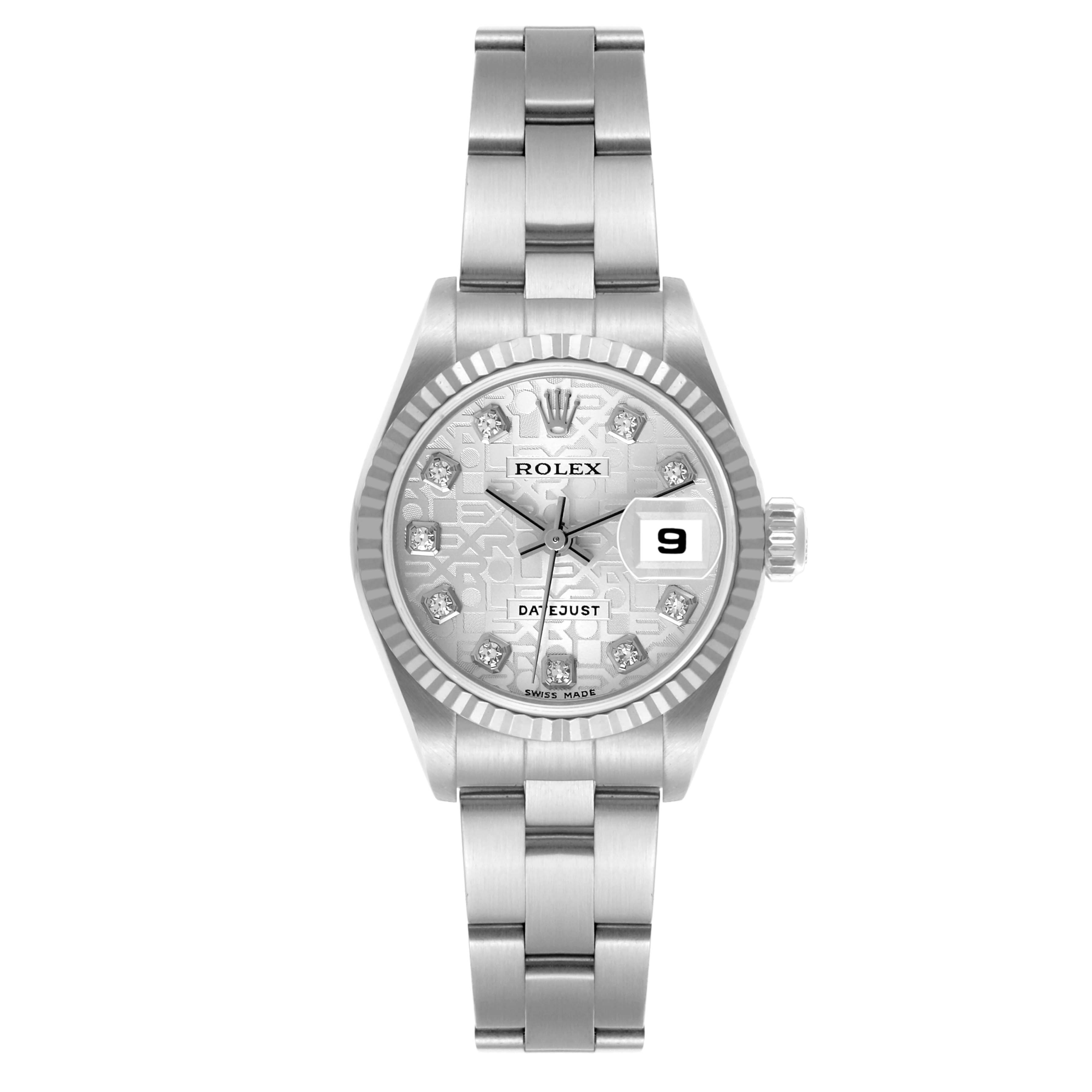 The Rolex Datejust 79174 Women's Stainless Steel Silver Dial 79174 Women's Stainless Steel Silver Dial watch is shown from a front angle, displaying the full dial, bezel, and bracelet.