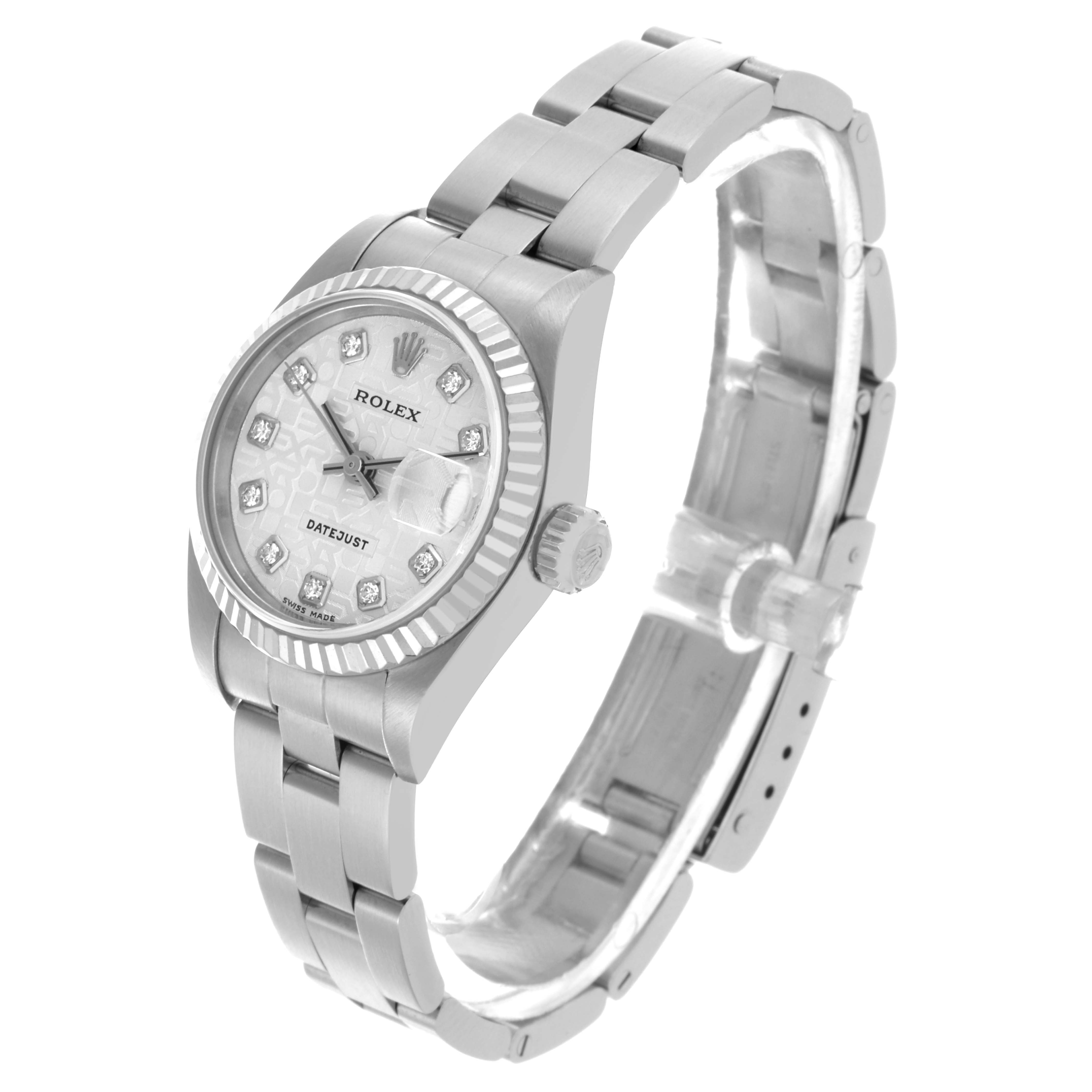 The Rolex Datejust 79174 Women's Stainless Steel Silver Dial 79174 Women's Stainless Steel Silver Dial watch is shown at a three-quarter angle, displaying the face, bezel, crown, and bracelet.