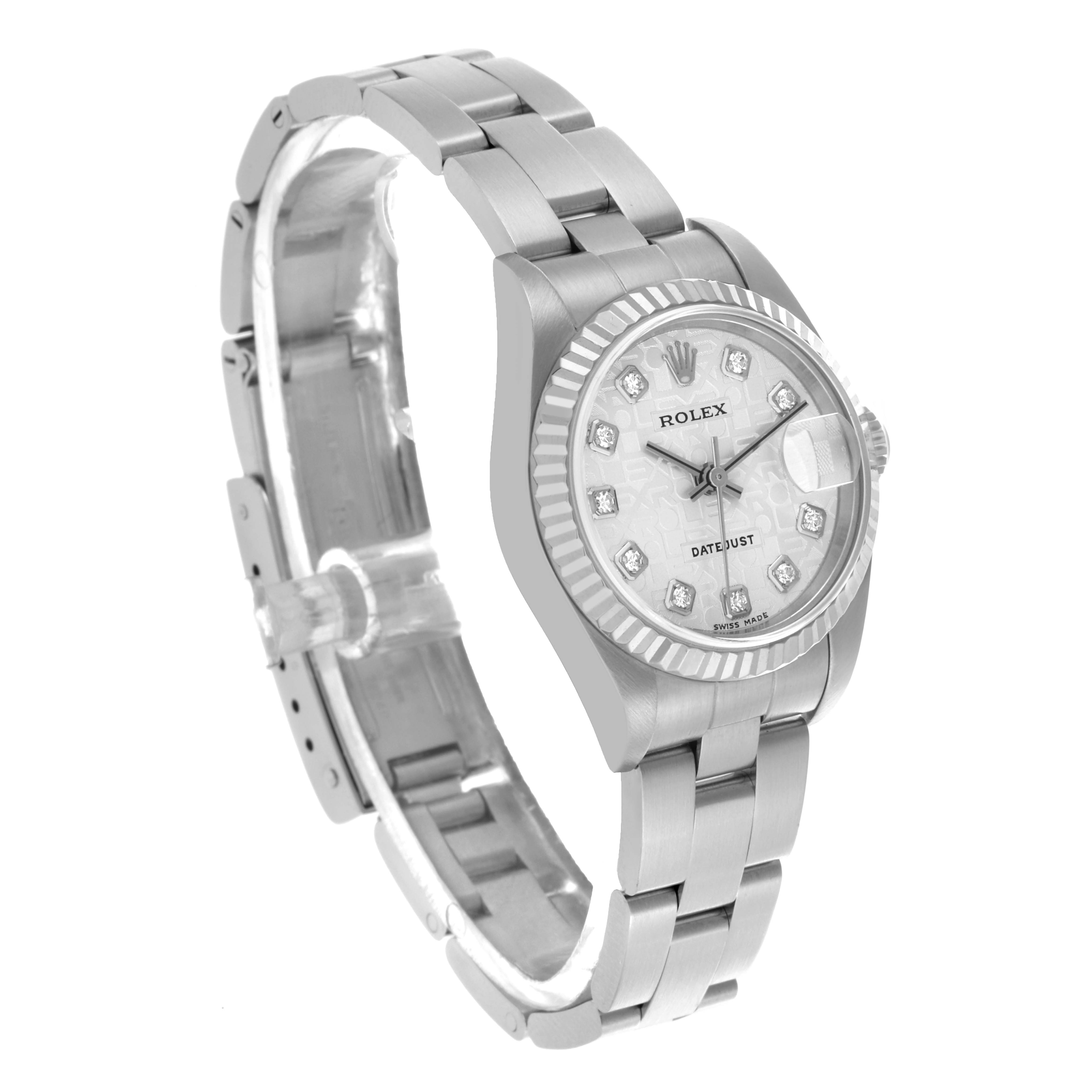 The Rolex Datejust 79174 Women's Stainless Steel Silver Dial 79174 Women's Stainless Steel Silver Dial watch is shown at a three-quarter angle, highlighting the bracelet, dial, and fluted bezel.