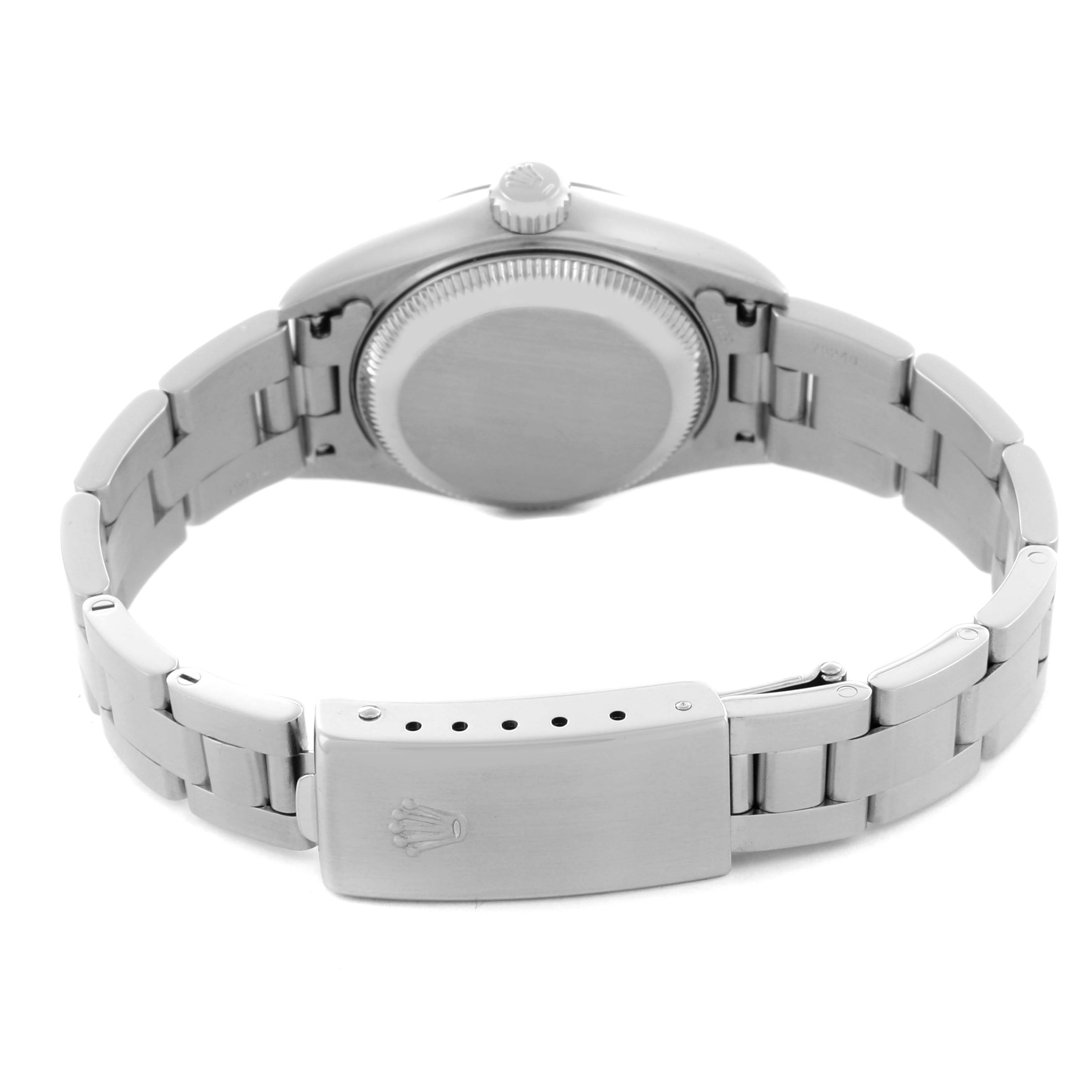 The image shows the back of a Rolex Datejust 79174 Women's Stainless Steel Silver Dial 79174 Women's Stainless Steel Silver Dial watch, highlighting the case back, bracelet, and clasp.