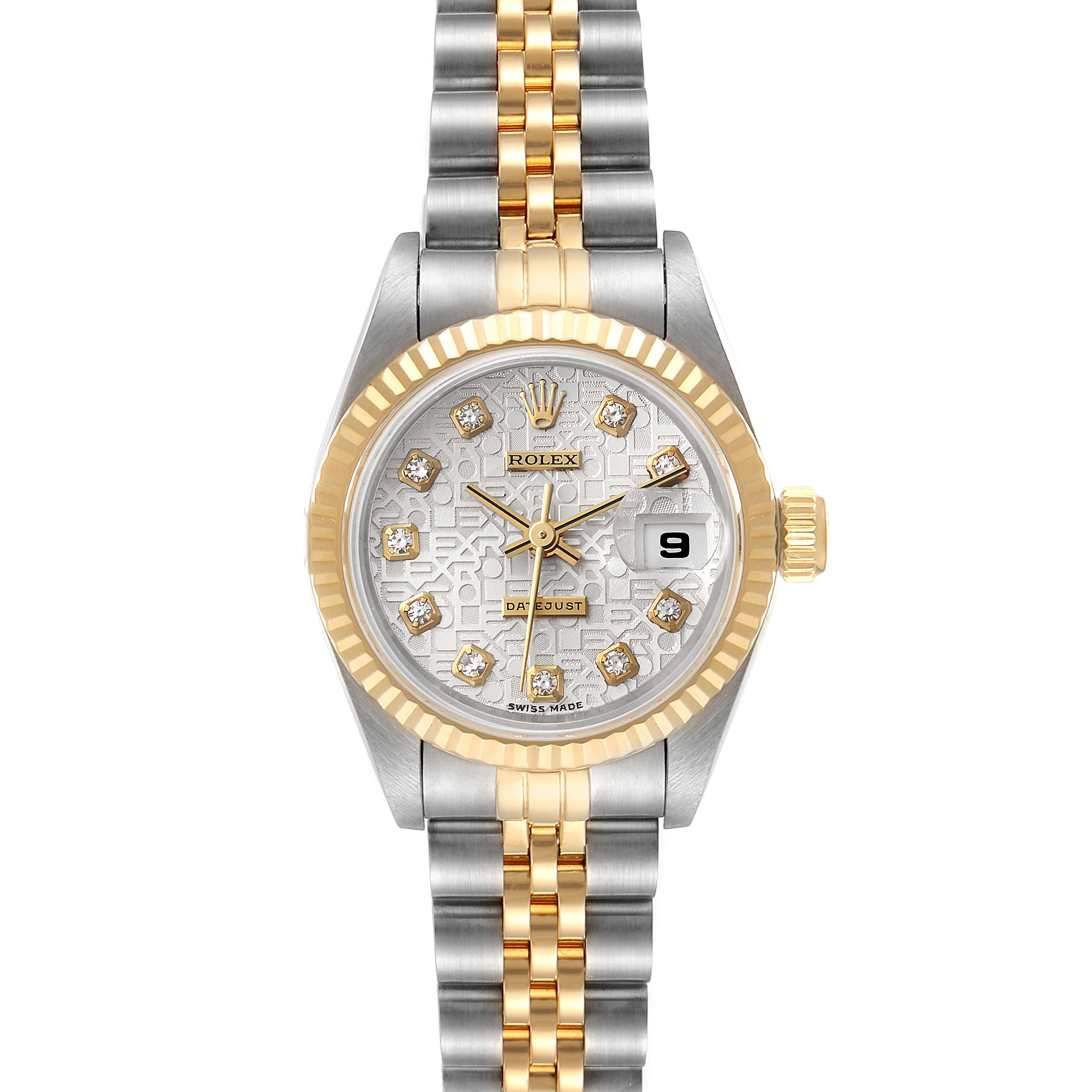 The image shows a front view of a Rolex Datejust 69173 Women
s Stainless Steel Silver Dial 69173 Women
s Stainless Steel Silver Dial watch, highlighting the dial, bezel, and bracelet.