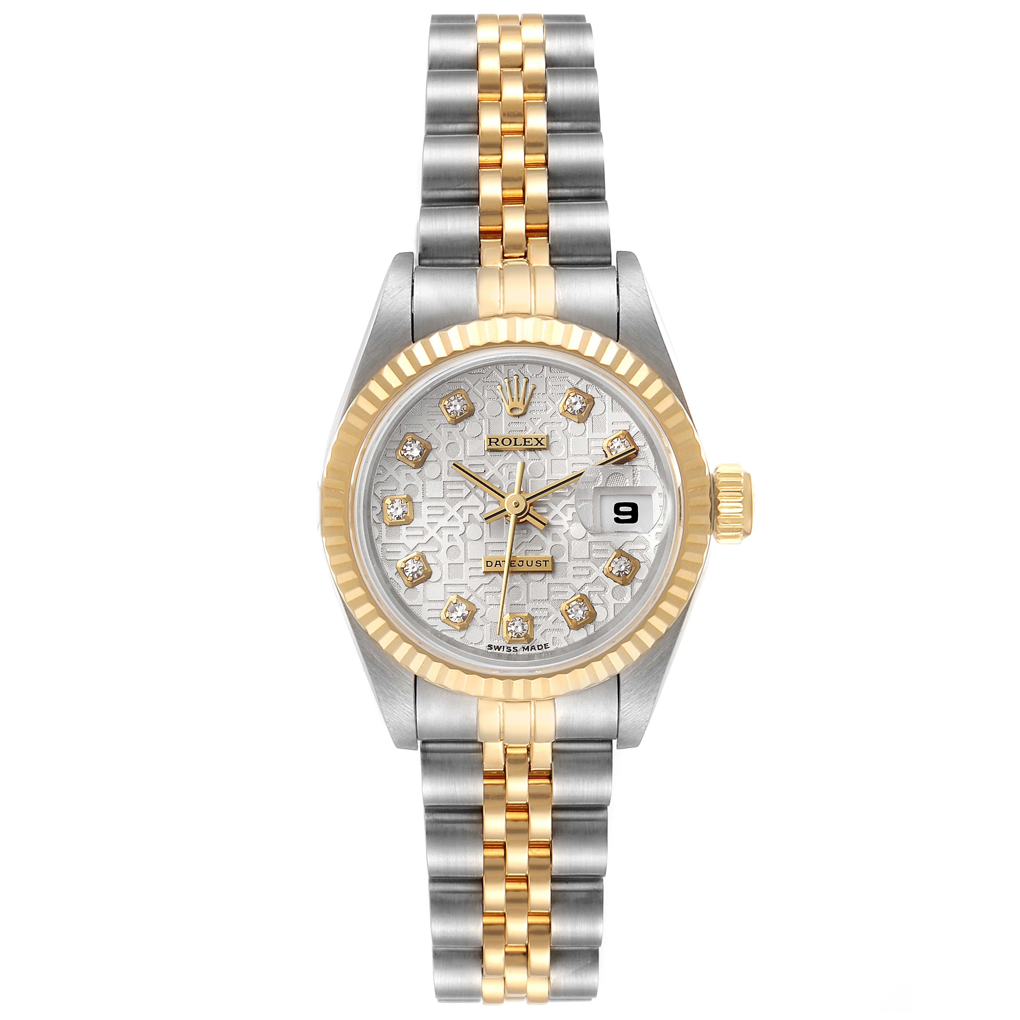 The image shows a Rolex Datejust 69173 Women
s Stainless Steel Silver Dial 69173 Women
s Stainless Steel Silver Dial watch from a front angle, highlighting its face, bezel, and classic two-tone bracelet.