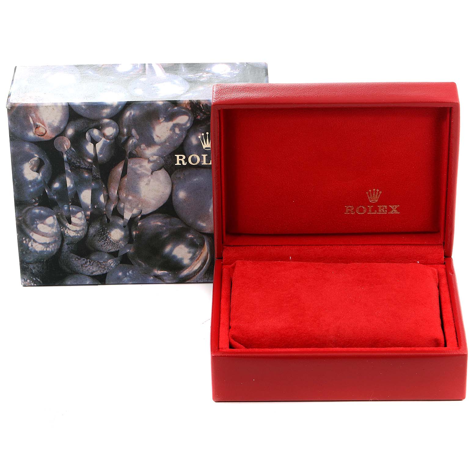 The image shows an open red Rolex Datejust 69173 Women
s Stainless Steel Silver Dial 69173 Women
s Stainless Steel Silver Dial watch box with a closed outer box beside it.