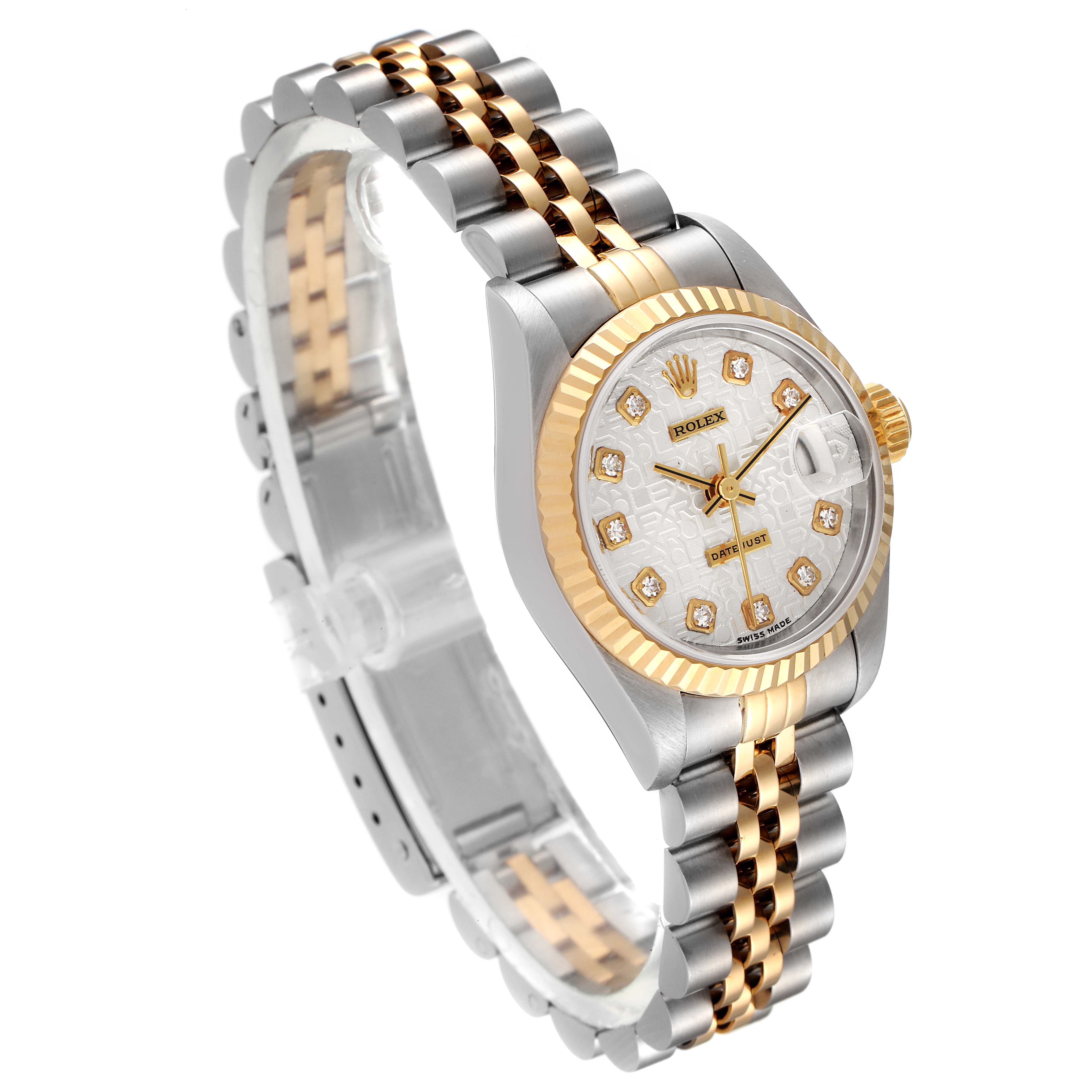 The image shows a Rolex Datejust 69173 Women
s Stainless Steel Silver Dial 69173 Women
s Stainless Steel Silver Dial watch at an angle highlighting its two-tone bracelet, dial, and fluted bezel.