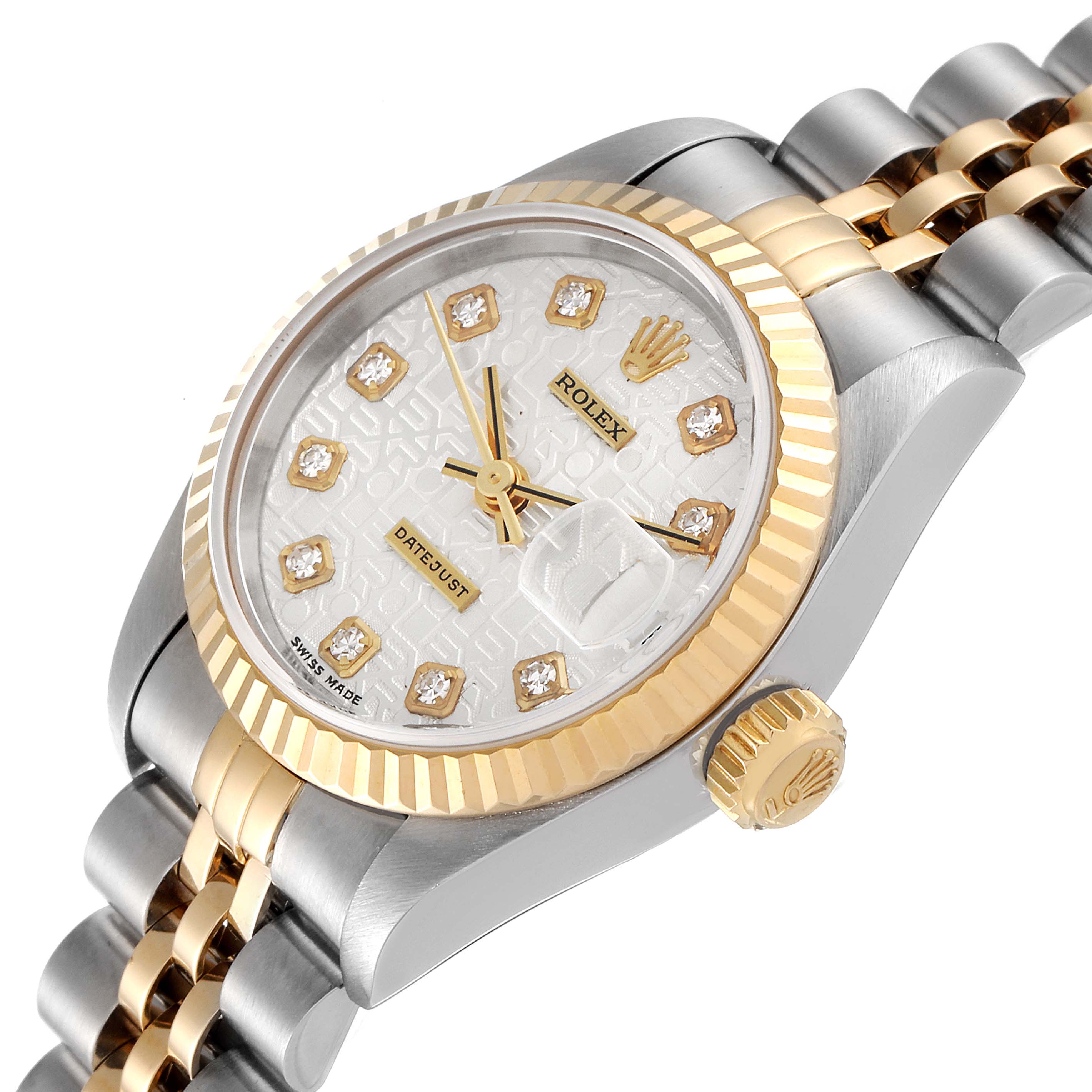 This image shows the dial, crown, and part of the bracelet of a Rolex Datejust 69173 Women
s Stainless Steel Silver Dial 69173 Women
s Stainless Steel Silver Dial watch at an angled side view.