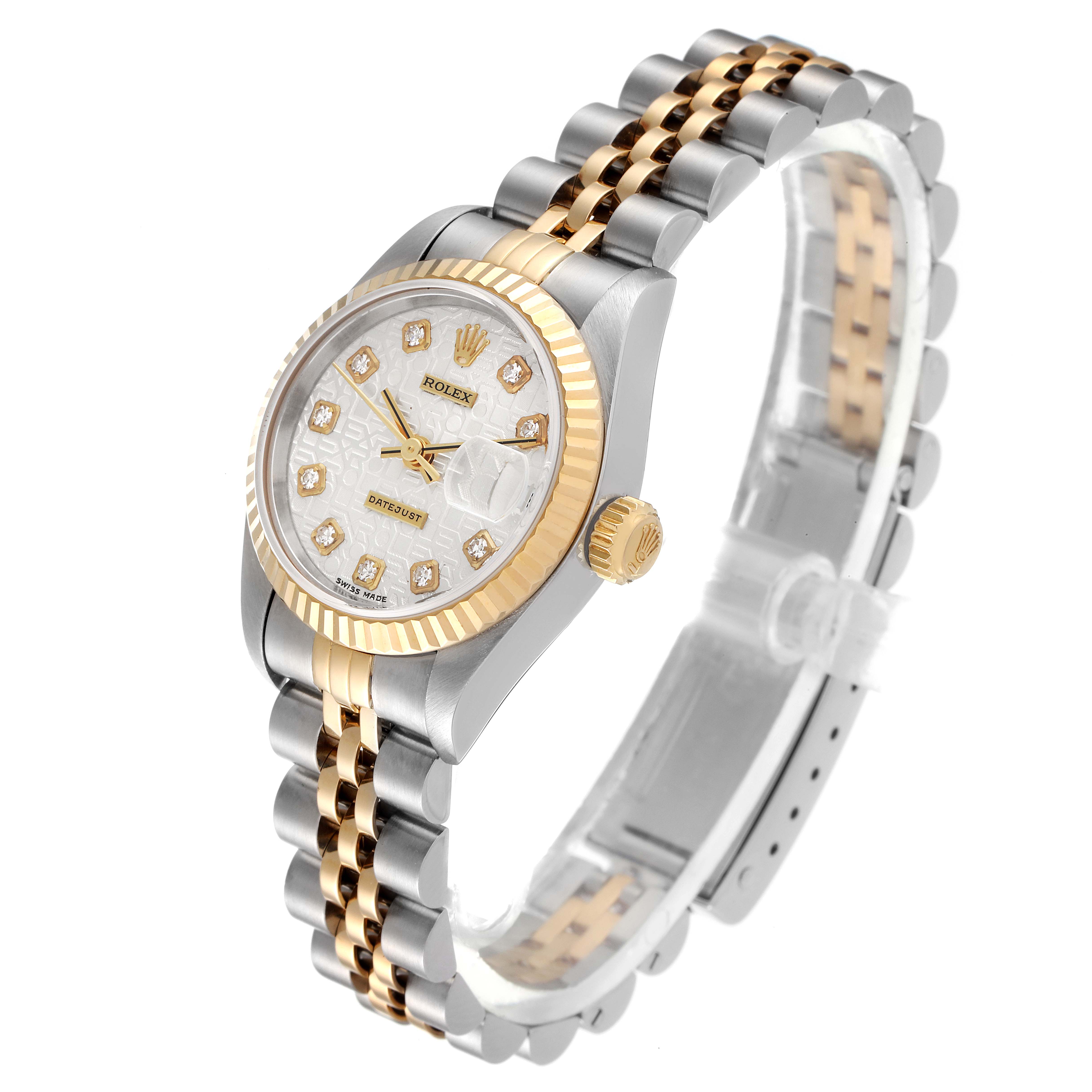 This image shows a Rolex Datejust 69173 Women
s Stainless Steel Silver Dial 69173 Women
s Stainless Steel Silver Dial watch at a three-quarter angle, highlighting its dial, bezel, crown, and jubilee bracelet.