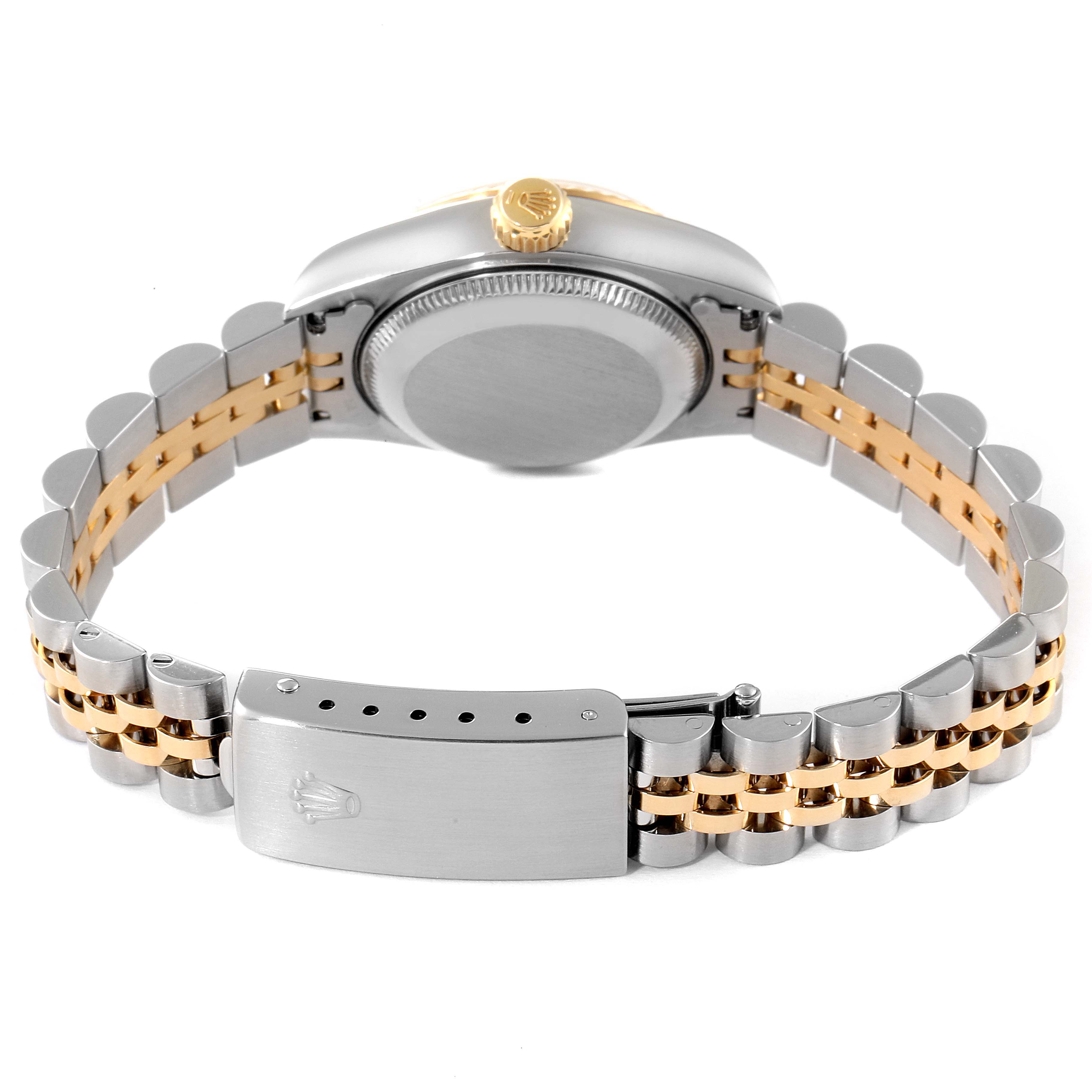 This image shows the back of a Rolex Datejust 69173 Women
s Stainless Steel Silver Dial 69173 Women
s Stainless Steel Silver Dial watch, highlighting the stainless steel and gold bracelet and clasp.