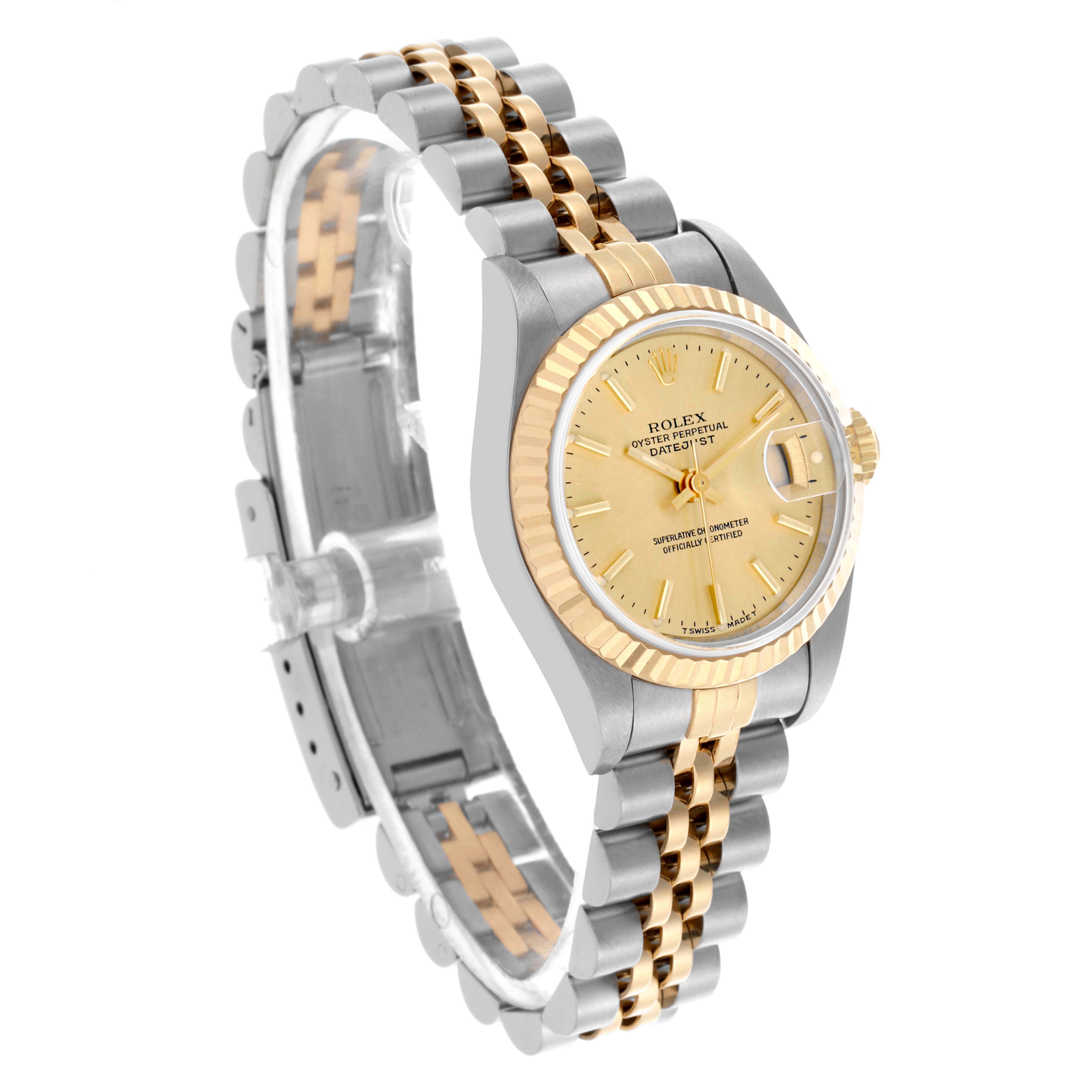 The Rolex Datejust 69173 Women's Steel and Gold (two tone) Champagne Dial 69173 Women's Steel and Gold (two tone) Champagne Dial watch is shown from a three-quarter angle, highlighting the dial, fluted bezel, and two-tone jubilee bracelet.