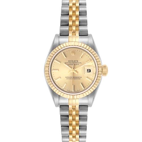 The Rolex Datejust watch is shown from a front view, highlighting the bezel, dial, and two-tone bracelet.