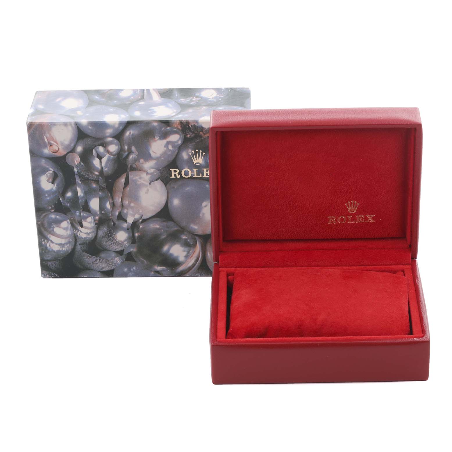 The image shows a Rolex Datejust 69173 Women's Steel and Gold (two tone) Champagne Dial 69173 Women's Steel and Gold (two tone) Champagne Dial watch box, open and angled to reveal the red interior with the exterior packaging nearby.