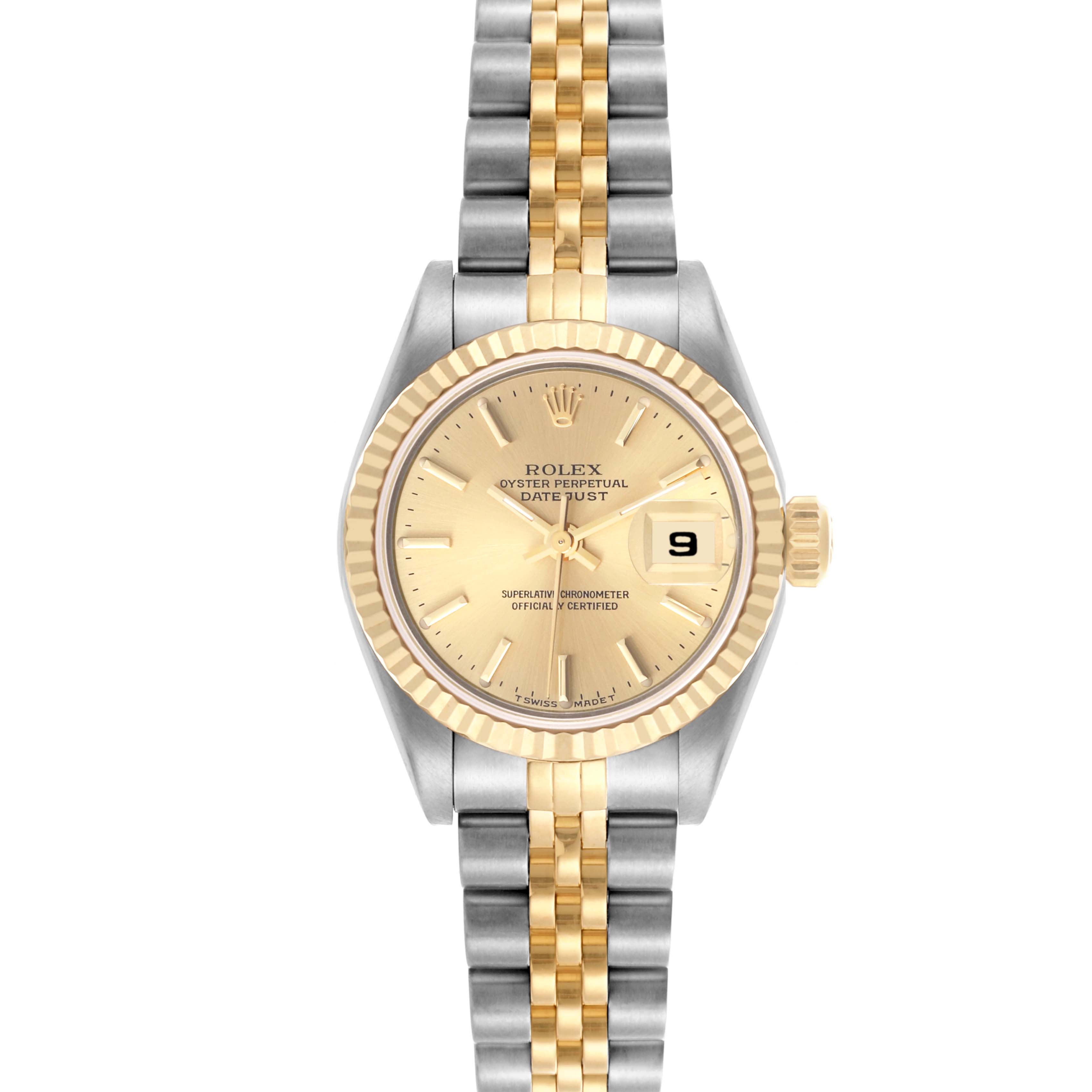 This Rolex Datejust 69173 Women's Steel and Gold (two tone) Champagne Dial 69173 Women's Steel and Gold (two tone) Champagne Dial watch is shown from the front, highlighting the gold dial, fluted bezel, and two-tone Jubilee bracelet.