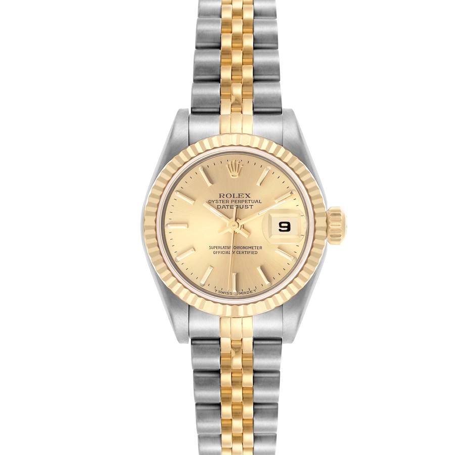 This Rolex Datejust watch is shown from the front, highlighting the gold dial, fluted bezel, and two-tone Jubilee bracelet.