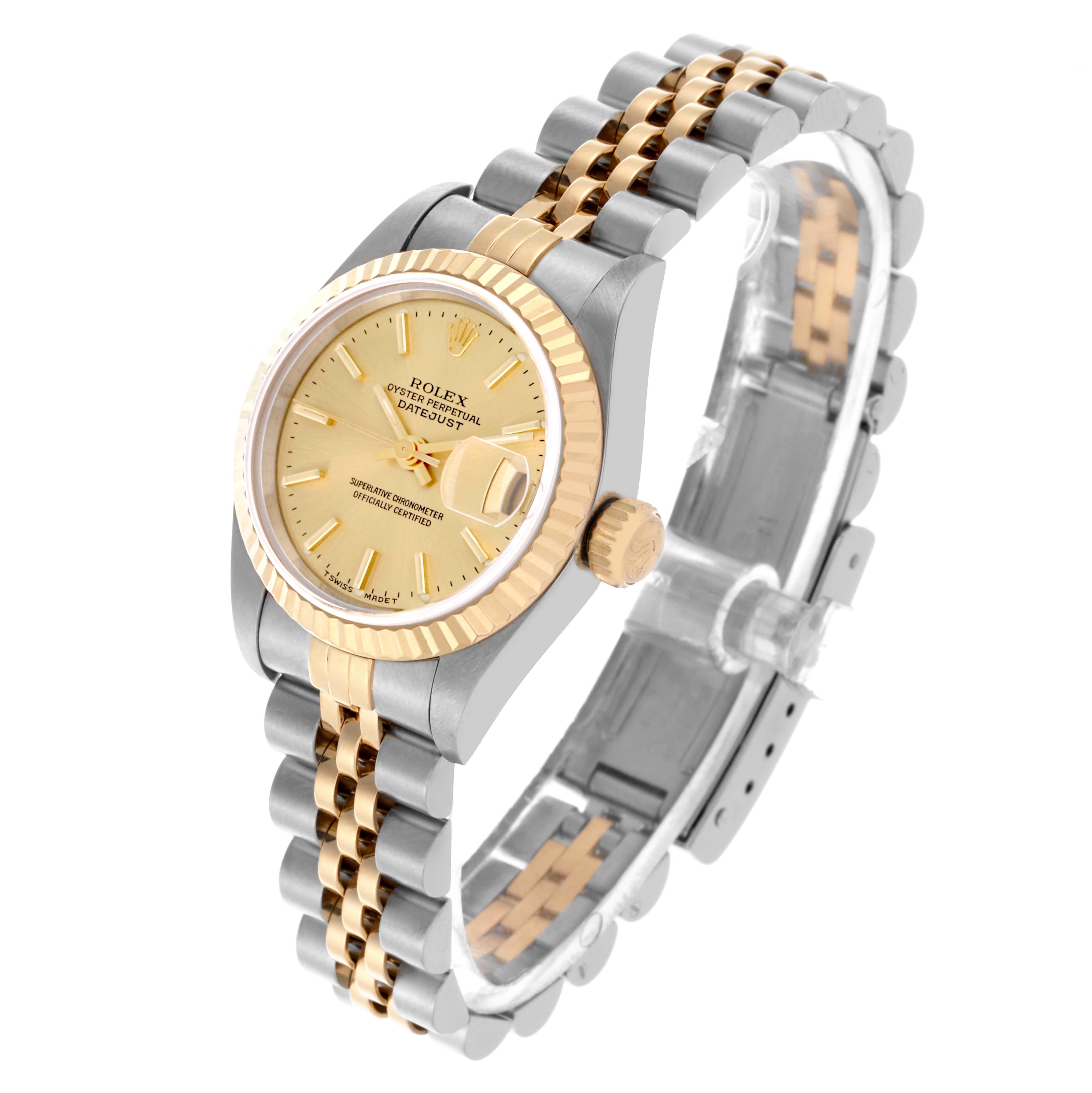 The Rolex Datejust 69173 Women's Steel and Gold (two tone) Champagne Dial 69173 Women's Steel and Gold (two tone) Champagne Dial watch is shown from an angled top view, displaying the face, bezel, crown, and bracelet.