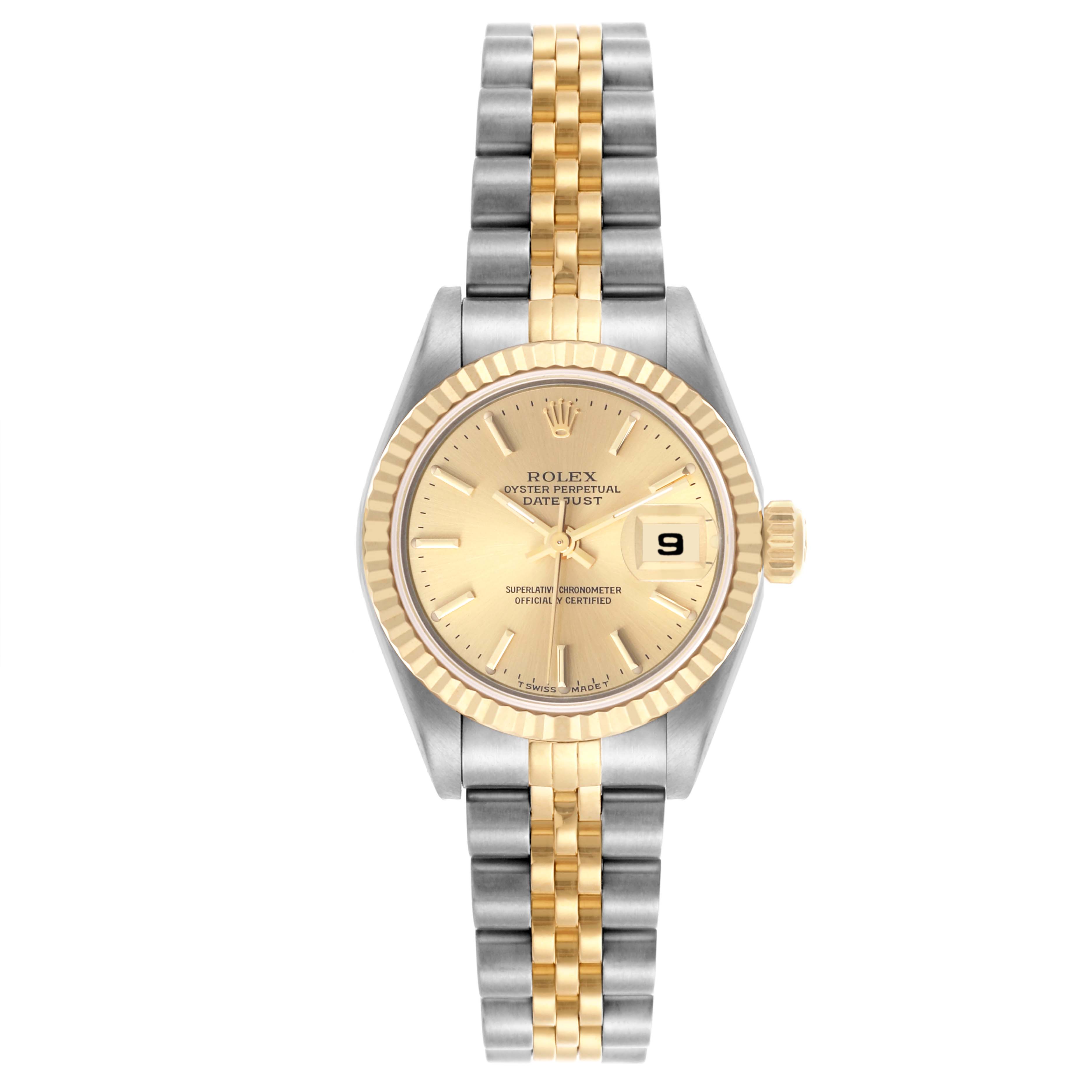 The Rolex Datejust 69173 Women's Steel and Gold (two tone) Champagne Dial 69173 Women's Steel and Gold (two tone) Champagne Dial watch is shown from a front angle, highlighting the dial, bezel, and two-tone bracelet.