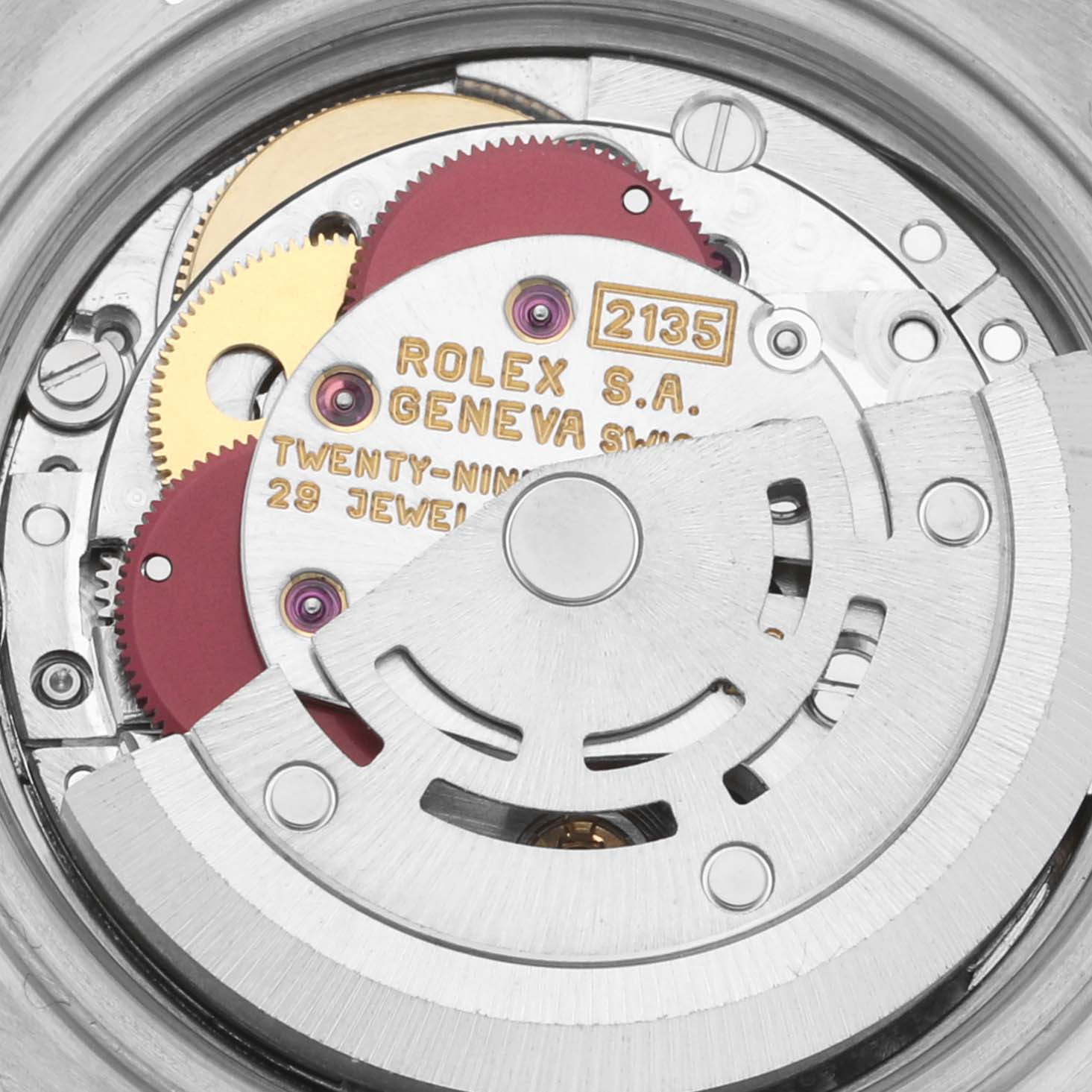 The image shows the movement mechanism of a Rolex Datejust 69173 Women's Steel and Gold (two tone) Champagne Dial 69173 Women's Steel and Gold (two tone) Champagne Dial watch from a top-down angle, highlighting gears and jewels.
